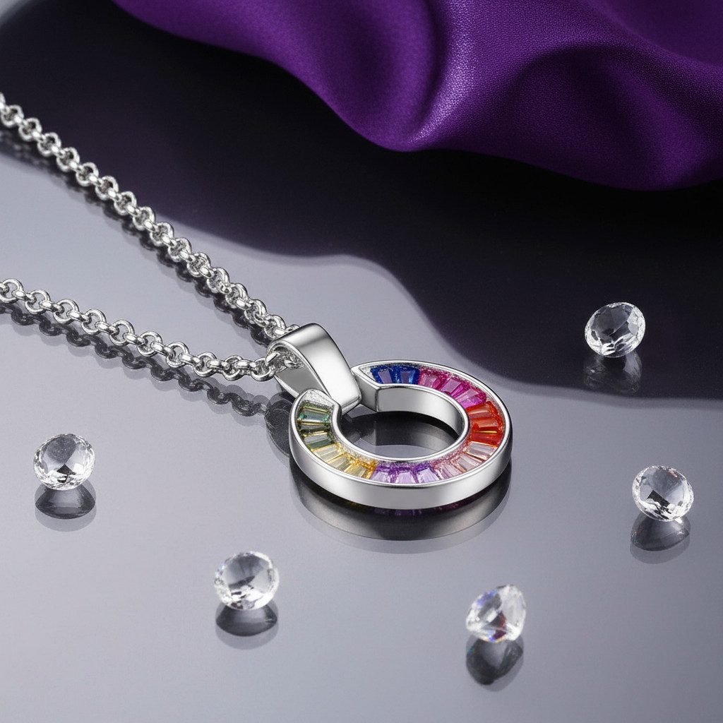 Schöner-SD Kette mit Anhänger Silber 925 rhodiniert bunter Zirkonia Kreis Anhänger rund Silberkette, mehrfarbiger Anhänger