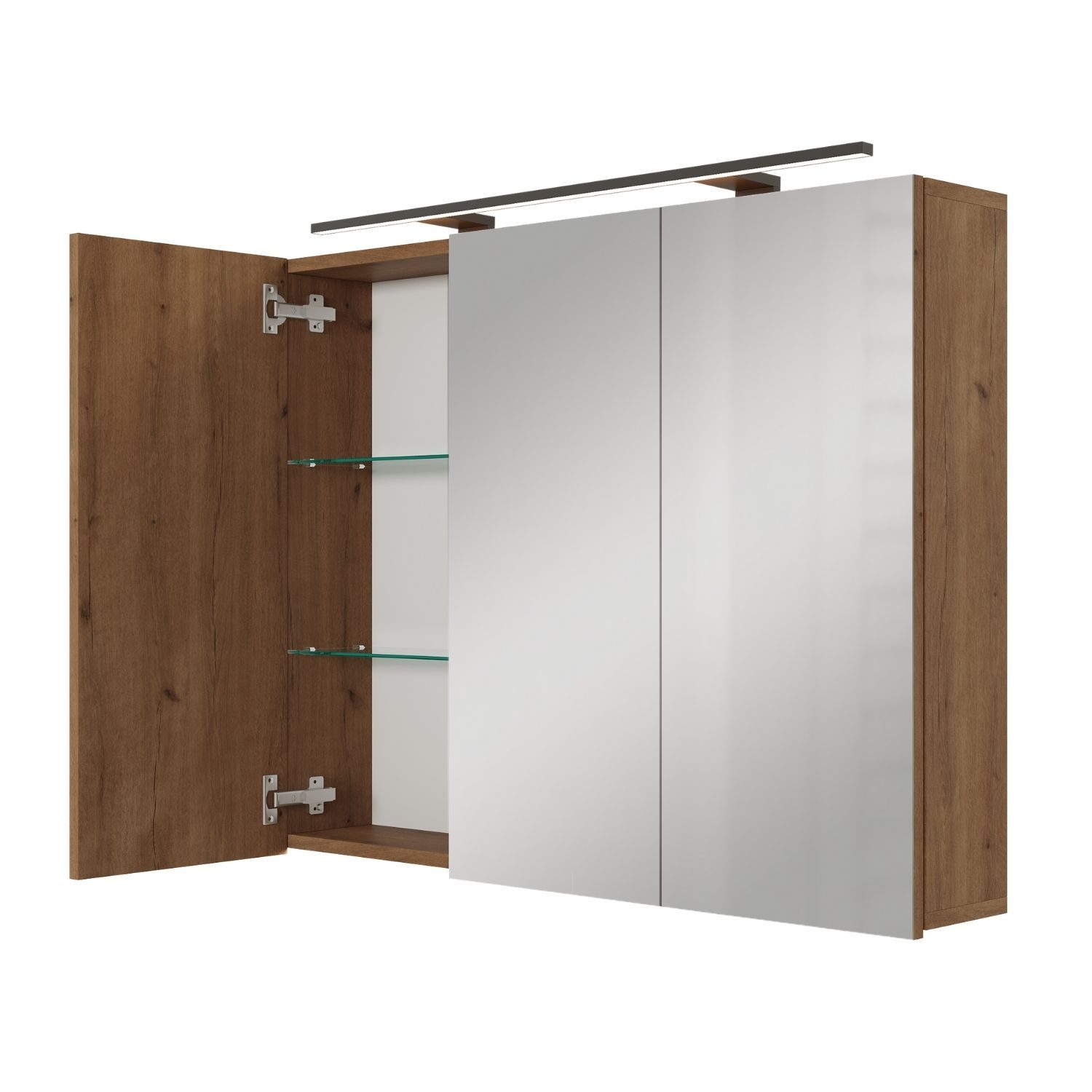 Planetmöbel Spiegelschrank ARIA Badschrank 100 cm mit Beleuchtung & Steckdose, Glaseinlegeböden (Spiegelschrank Bad 100 cm mit Beleuchtung und Steckdose, Badspiegelschrank 3-türig) Steckdose für Elektrogeräte