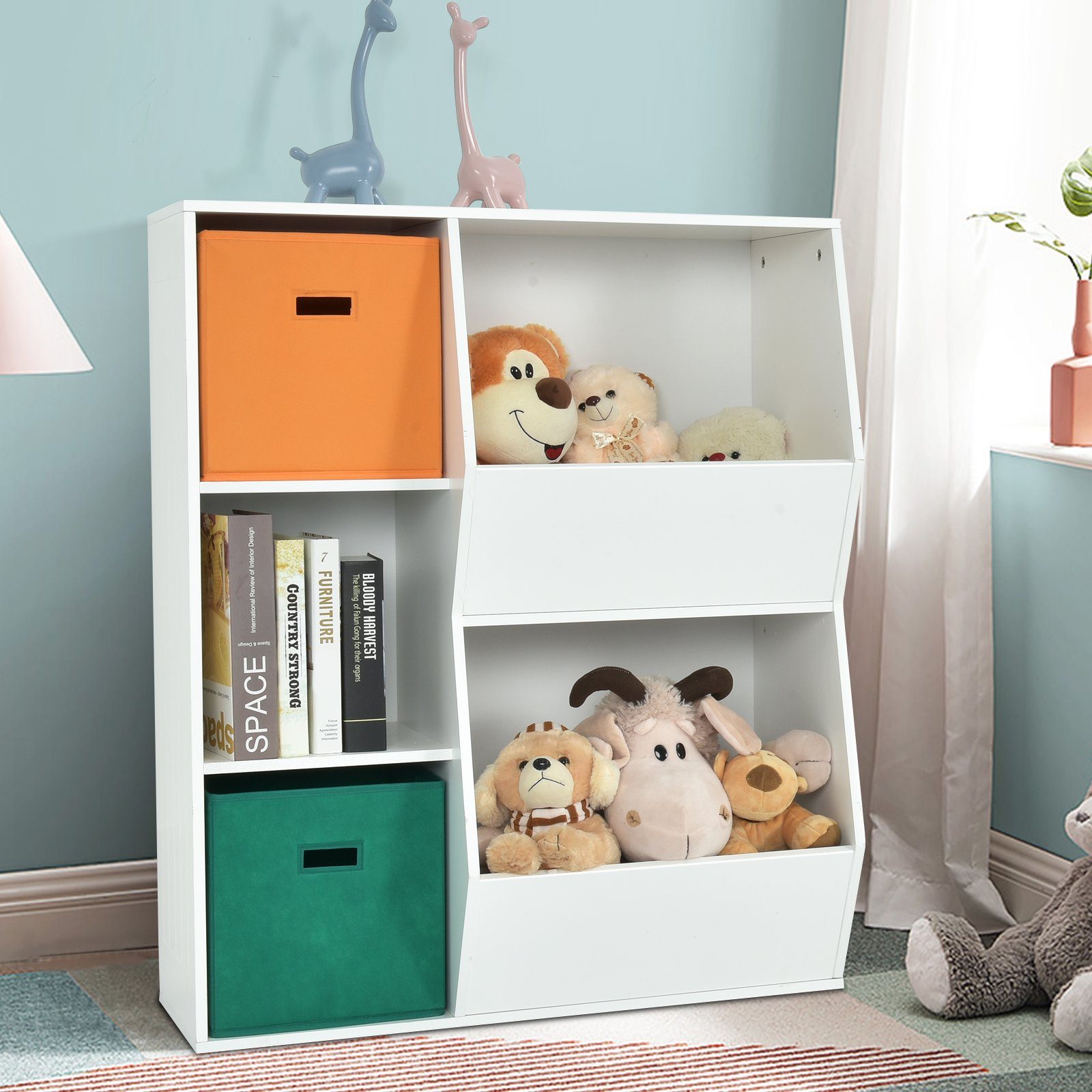 COSTWAY 2 Körben mit x Fächern, x 76 Weiß 5 Kinderregal cm & 94 28 Bücherregal,