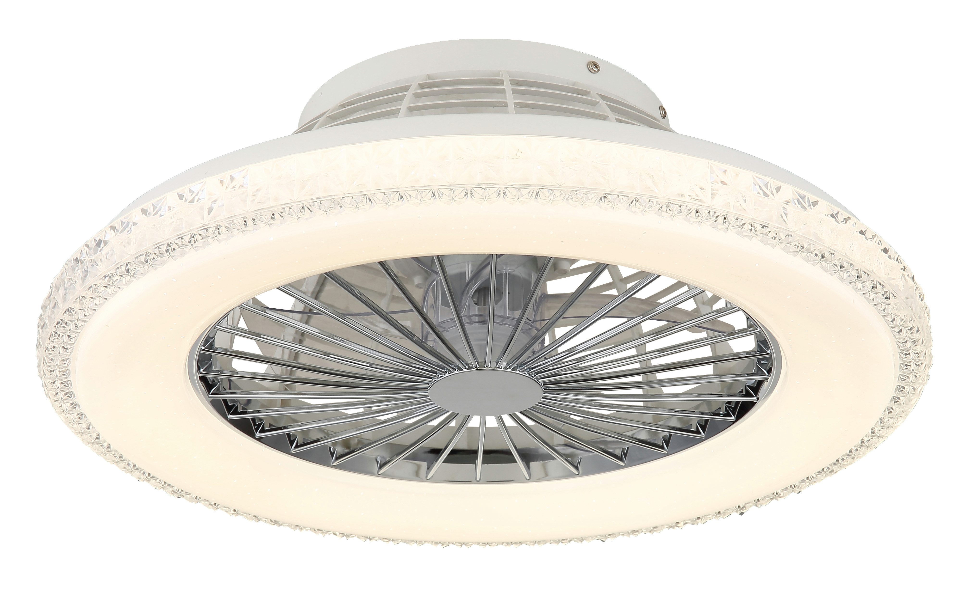 GLOBO LIGHTING Deckenleuchte CORUSSO, Dimmfunktion, Fernbedienung, Infrarot inkl., Memoryfunktion, Nachtlichtfunktion, Timerfunktion, Ventilatorfunktion, mehrere Helligkeitsstufen, LED fest integriert, Ventilator /Schlafzimmer / Wohnbereich /Arbeitszimmer / verchromt rund