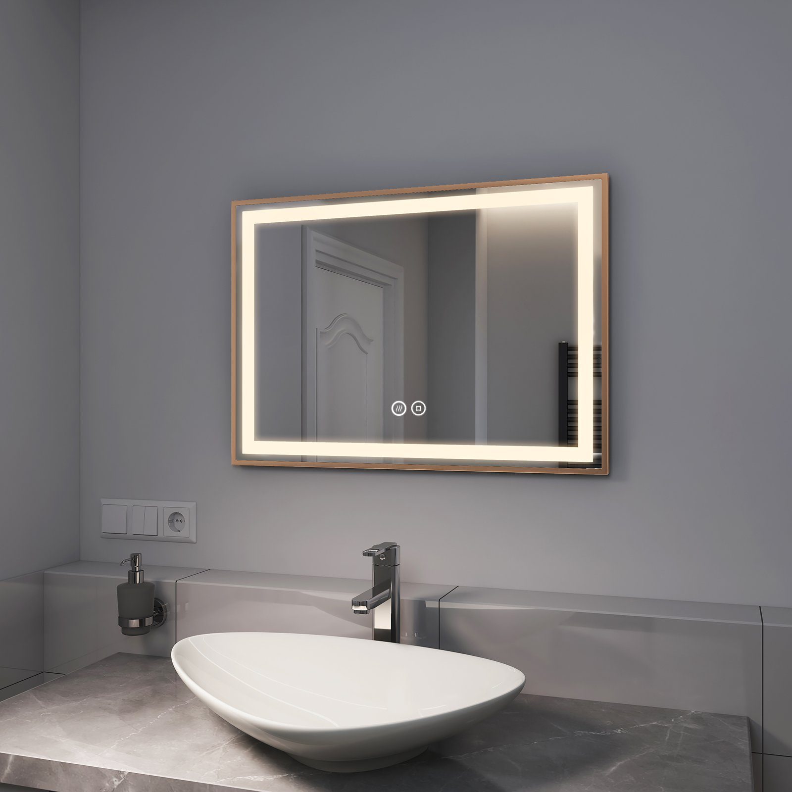 EMKE Badspiegel Badspiegel mit Beleuchtung Spiegel mit LED Badezimmerspiegel, mit Beschlagfrei Dimmbar, Goldener Rahmen 70-100cm