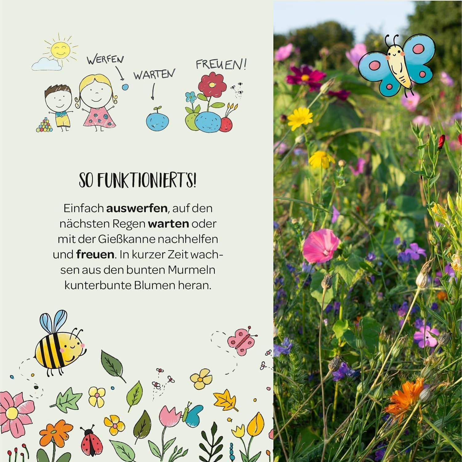 Die Stadtgärtner Lernspielzeug 25 handgemachte & kunterbunte Blumenmurmeln, 20 Arten Blumen-Saatgut