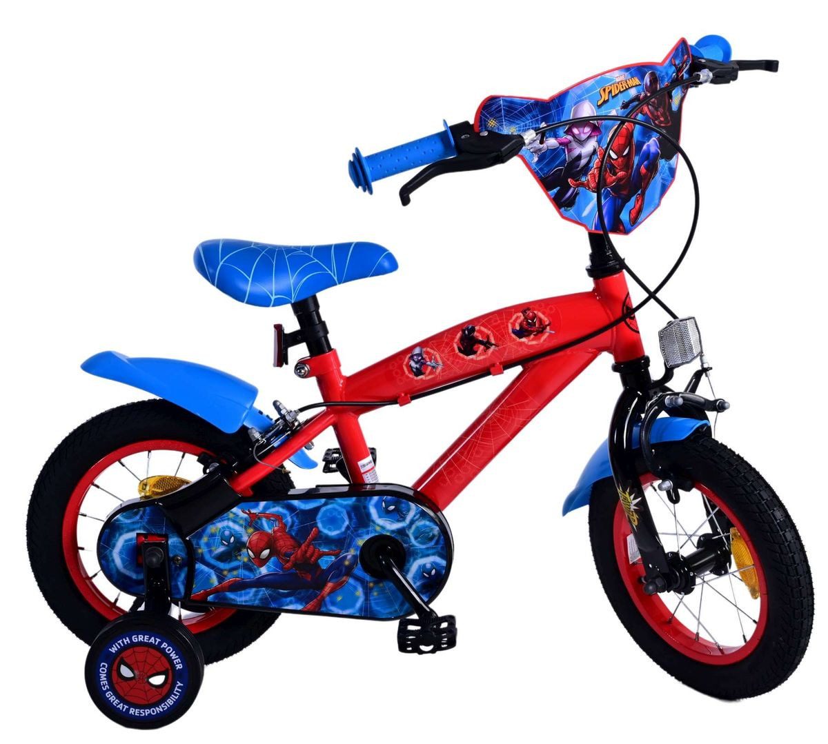 Volare children's bicycle, 12 inch, Disney Marvel Spiderman design, Volare 21285-SAFW, 1 speed, training wheels, chain guard, mudguards