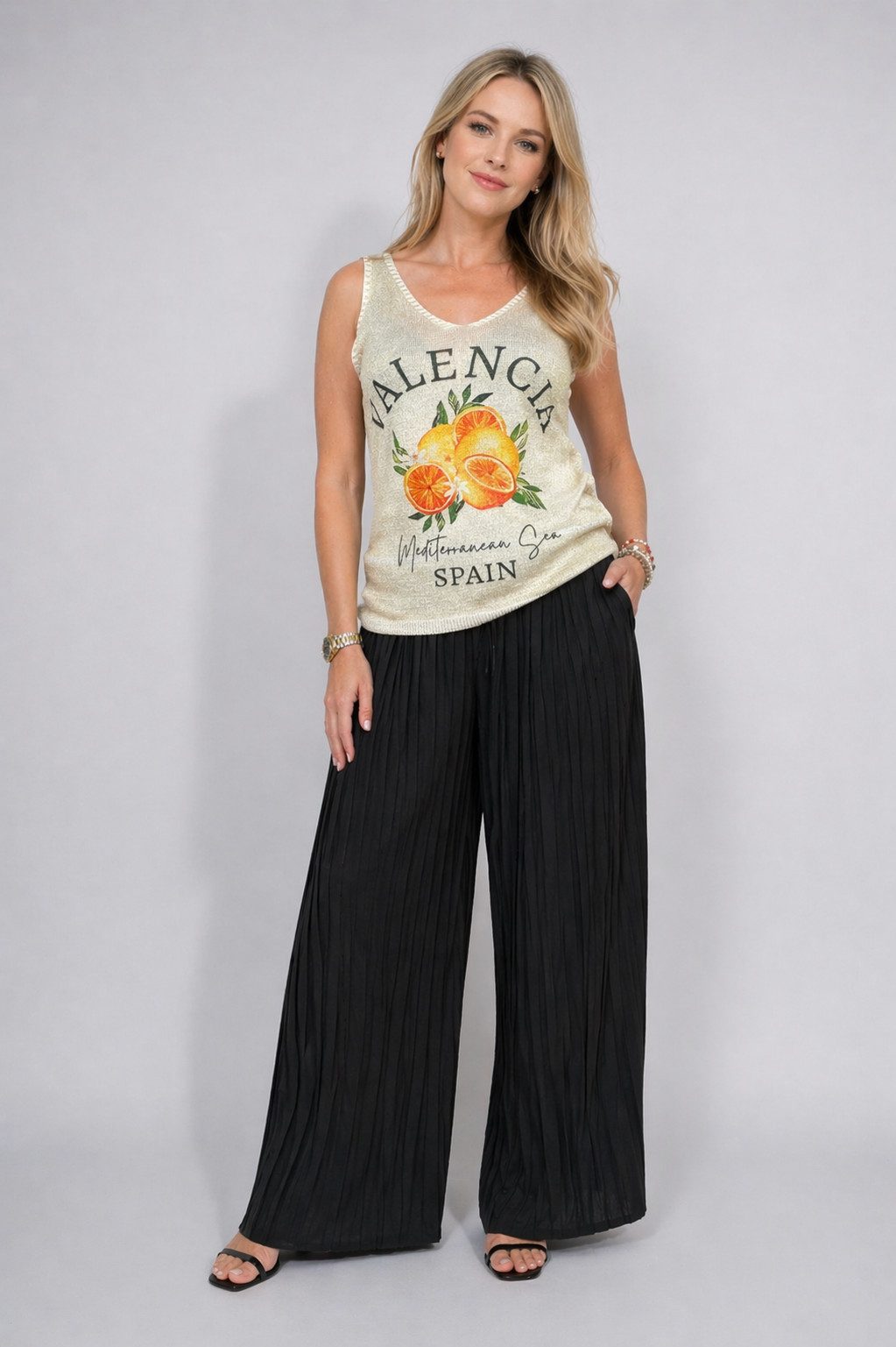 ITALY VIBES Shirttop - Ärmelloses Top für Damen - Lurex-Top mit trendigem Print - ONE SIZE passt Größe S - XL