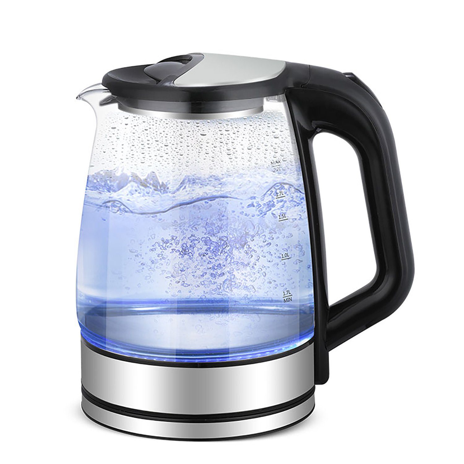 Liter, LED-Beleuchtung, mit schwarz, geräuschlos Glas - Wasserkocher 1,7 Wasserkocher SLABO 1,7 Kettle 2200 Watt, l silber,