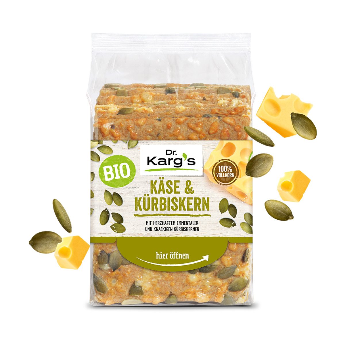 Dr. Kargs Brot, Dr. Kargs Bio Vollkorn Knäckebrot knackig mit Käse und Kürbiskern 200g