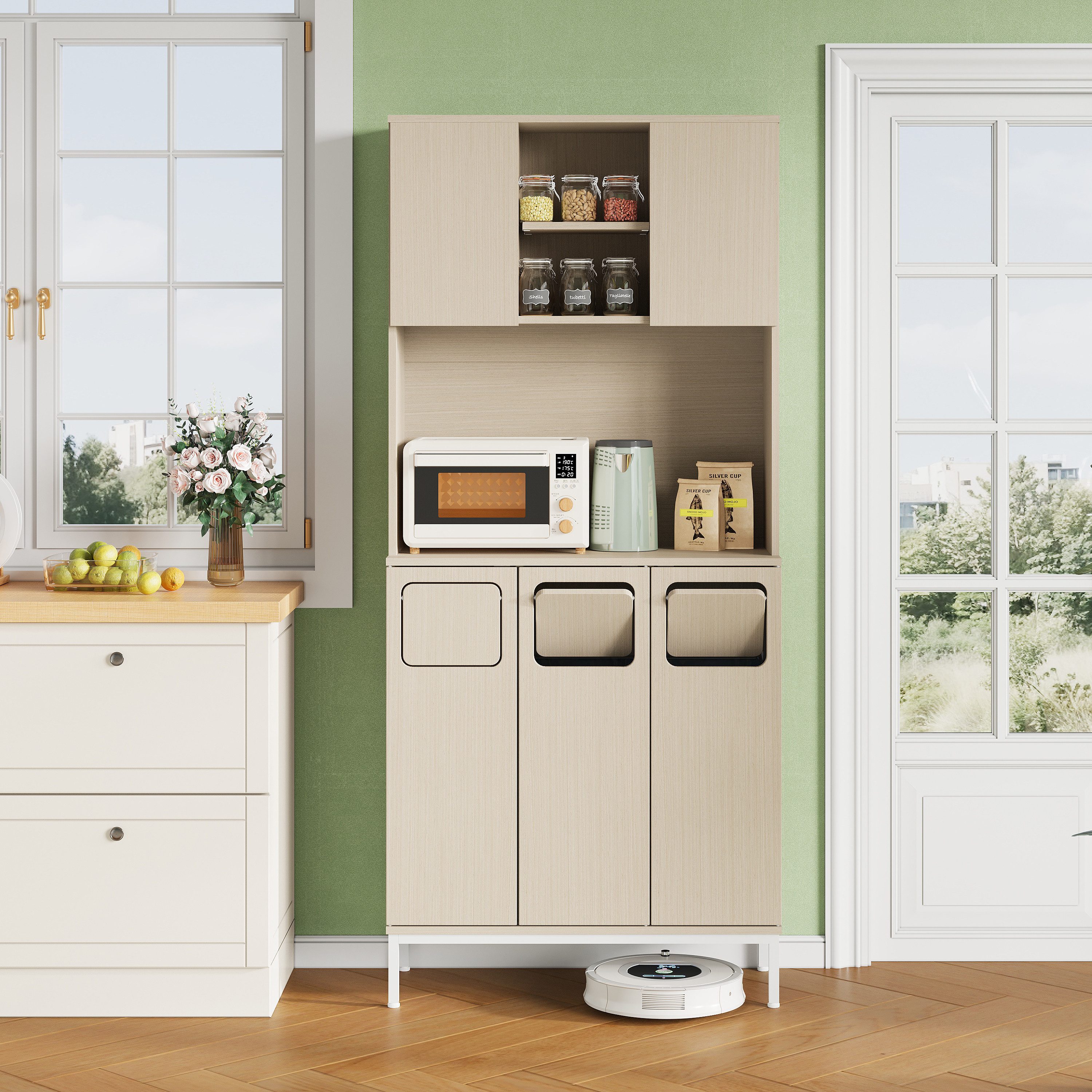 REDOM Küchenbuffet Integrierte Mülltrennung, Ablage für Mikrowelle & Geräte (Packung, 1-St., 80x181x35 cm Müllsammelschrank in Hellholz-Weiß mit 3 Türen) Aufbewahrung für Küche, Hauswirtschaftsraum & Speisekammer