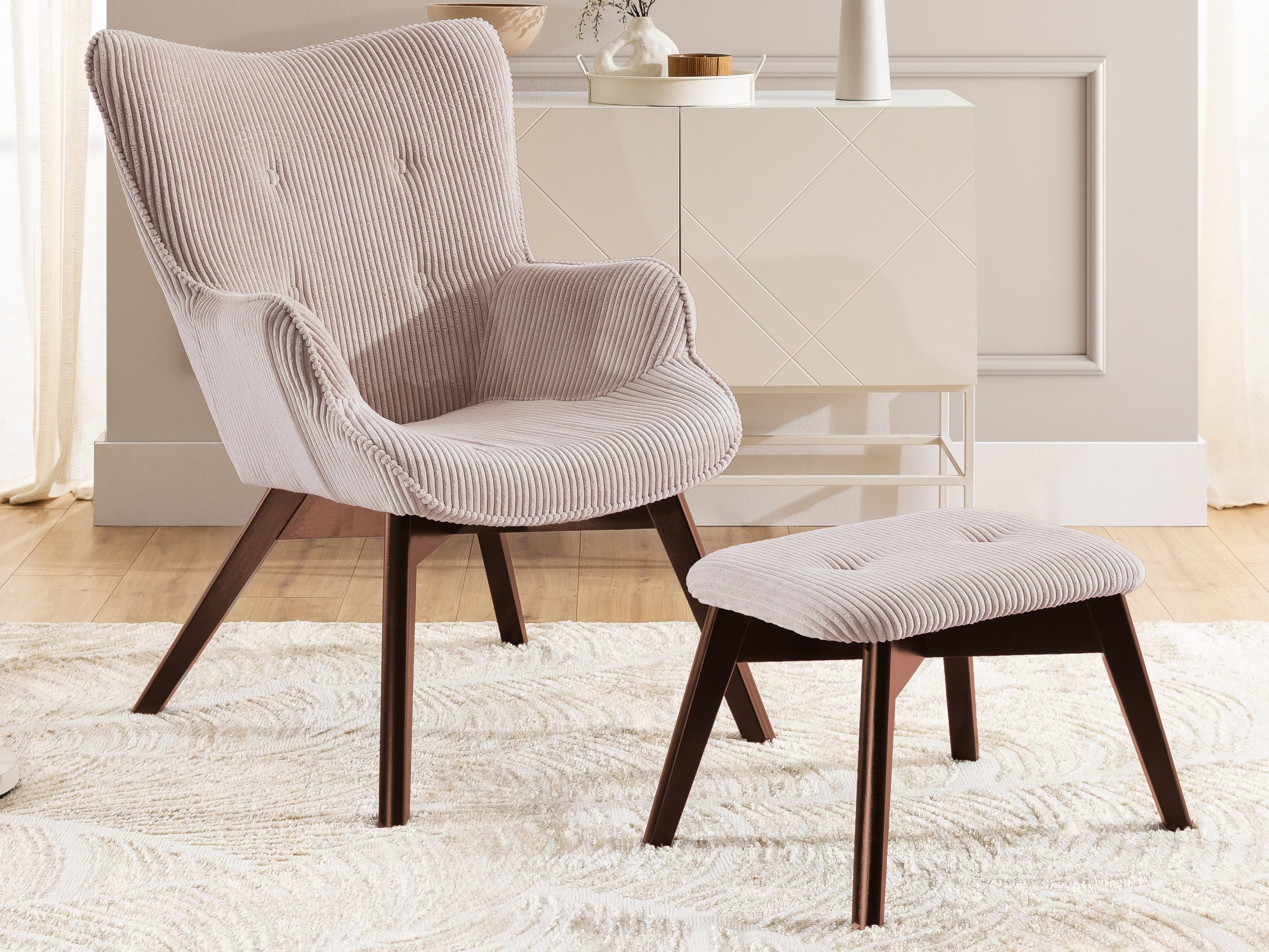 S-Style Möbel Loungesessel mit Fußhocker Lenari aus Cordstoff mit Füßen aus Massivholz (1 x Lounge-Sessel, 1 x Hocker)