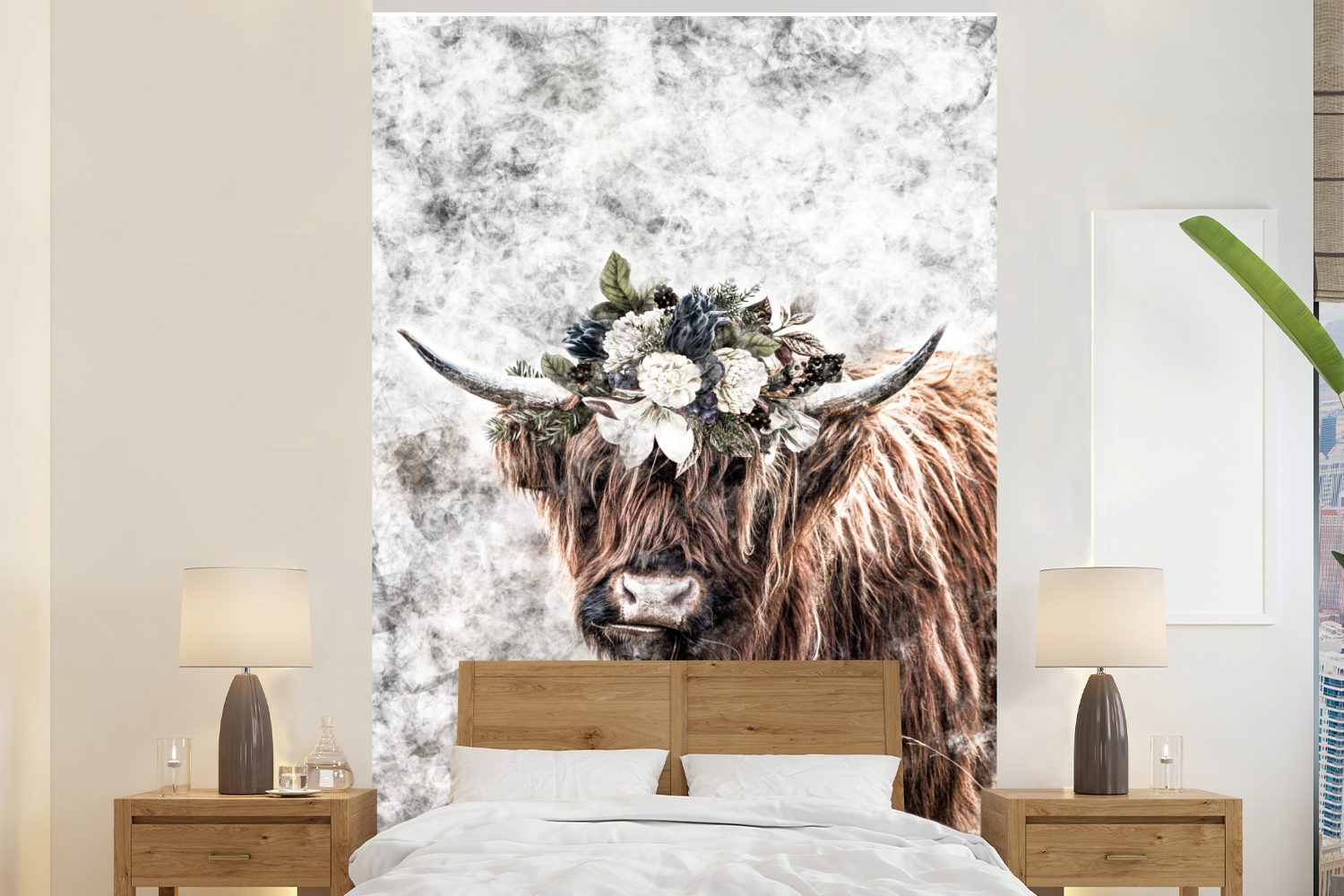 MuchoWow Fototapete Schottischer Highlander - Schwarz - Weiß - Blumen, Matt, bedruckt, (3 St), Montagefertig Vinyl Tapete für Wohnzimmer, Wandtapete