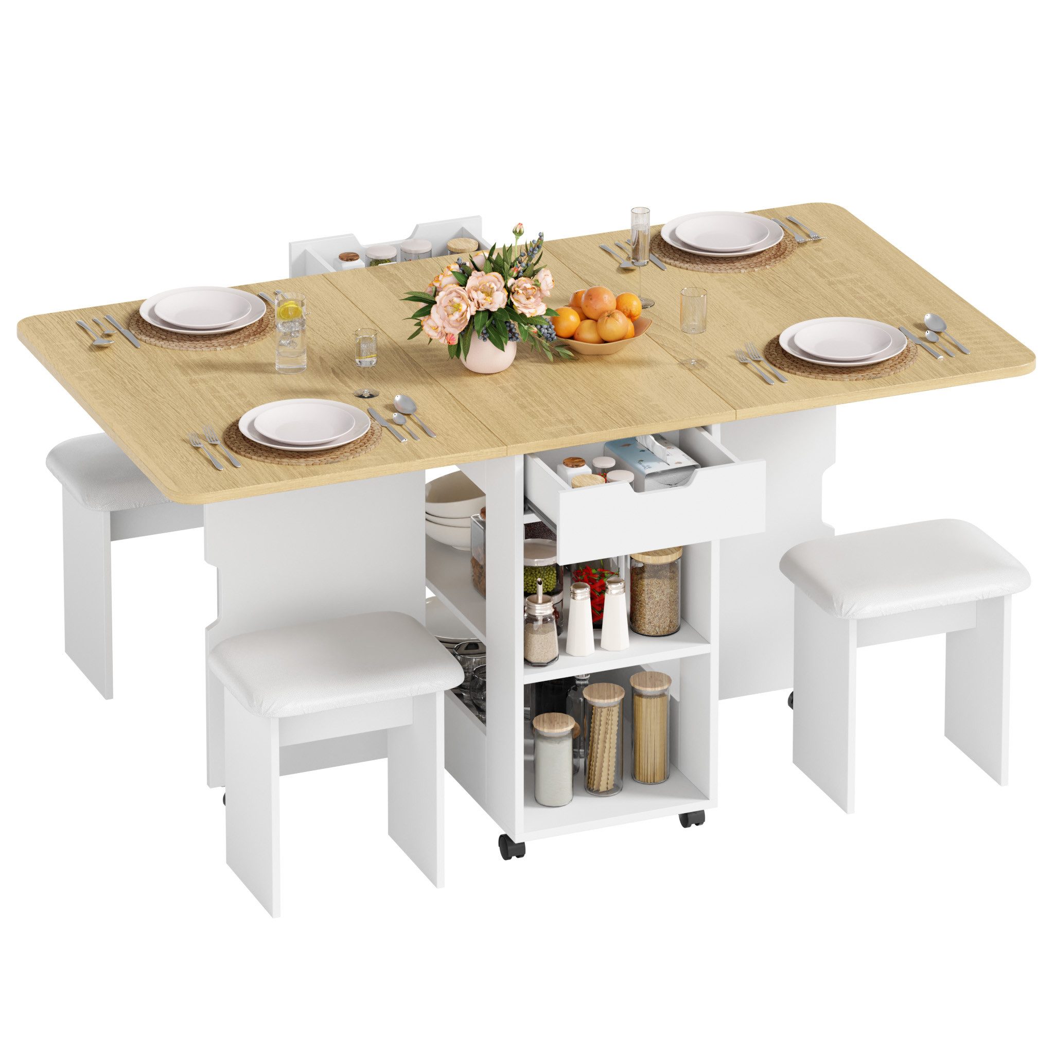 Mondeer Essgruppe Esstisch mit 4 Polsterhocker, (140x80 cm), Platzsparender Drop-Leaf-Tisch mit 2 Schubladen & Rollen