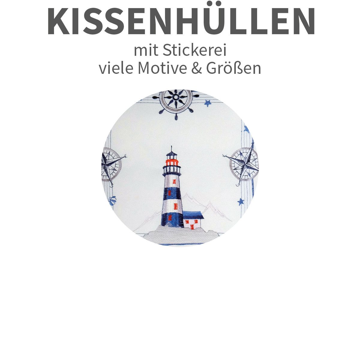matches21 HOME & HOBBY Kissenbezüge Kissenbezug VALERIE 40 x 40 cm maritime Stickerei mit Leuchtturm, (1 Stück), Kissenhülle für Sofakissen Dekokissen Zierkissen