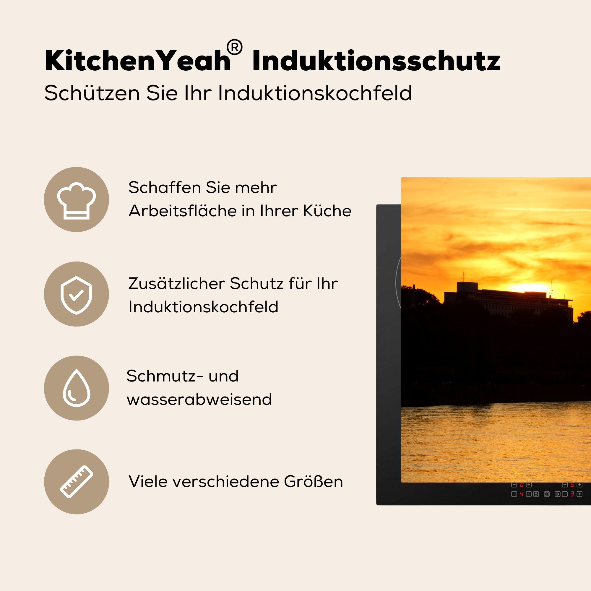 MuchoWow Herdblende-/Abdeckplatte Oranger Himmel über küche, bei (1 81x52 Bonn für Vinyl, Ceranfeldabdeckung Sonnenuntergang, Induktionskochfeld cm, tlg), Schutz die