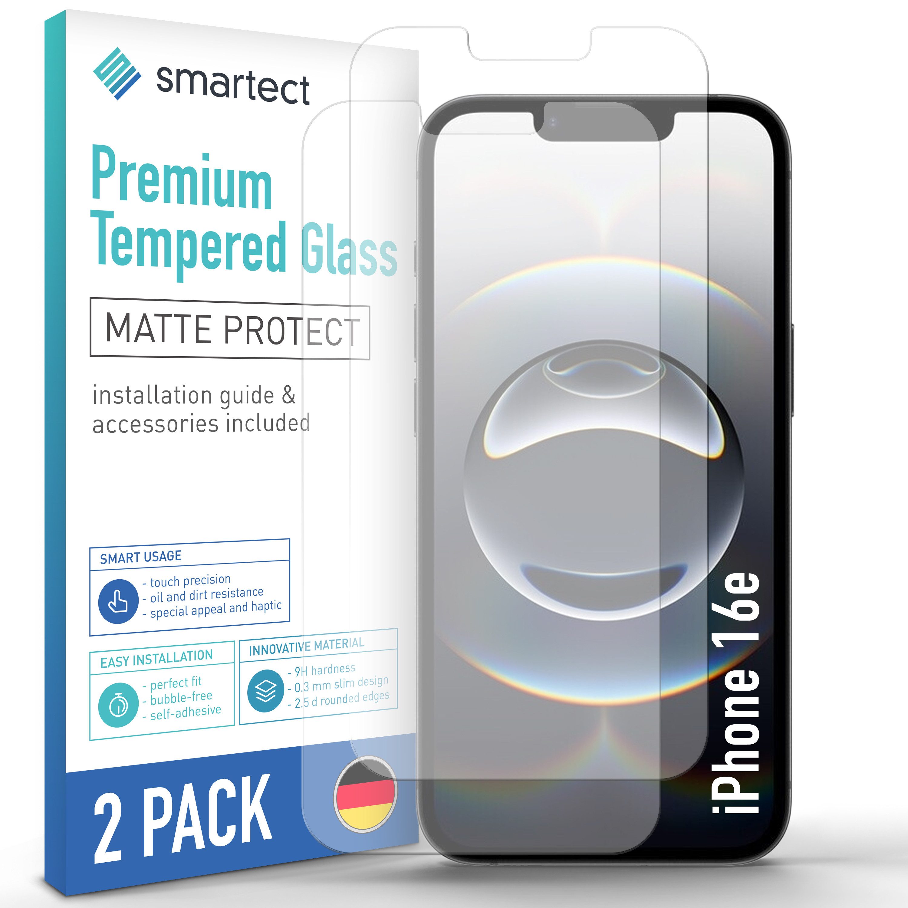 smartect Displayschutzglas 2X Schutzglas Panzerfolie Matt für iPhone 16e für Apple iPhone 16e, Set, 2 Stück, Entspiegelt, 9H Härte, Kratzfest, Stoßfest, Blasenfrei, Oleophob