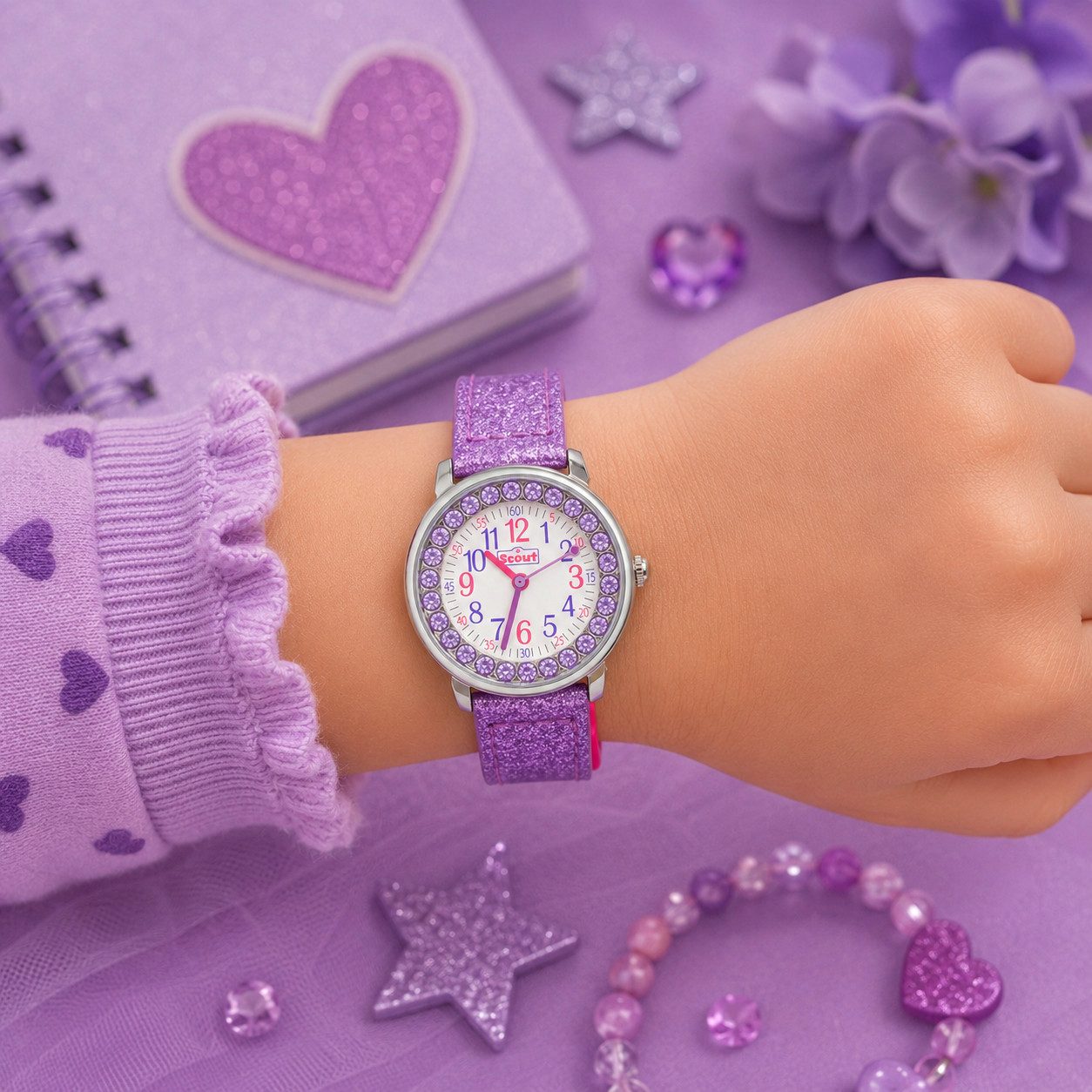 Scout Quarzuhr Kinderuhr Mädchen 164000047 Lila Glitzersteine Kunstlederband 30 mm