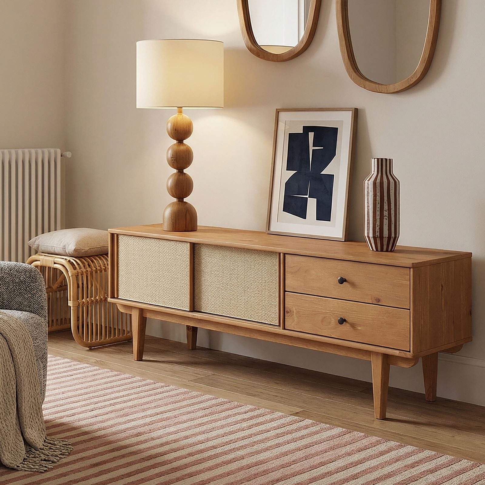 IDIMEX Lowboard SIMONA, TV Schrank 175 cm Massivholz Rattan Schiebetür Eiche Finish