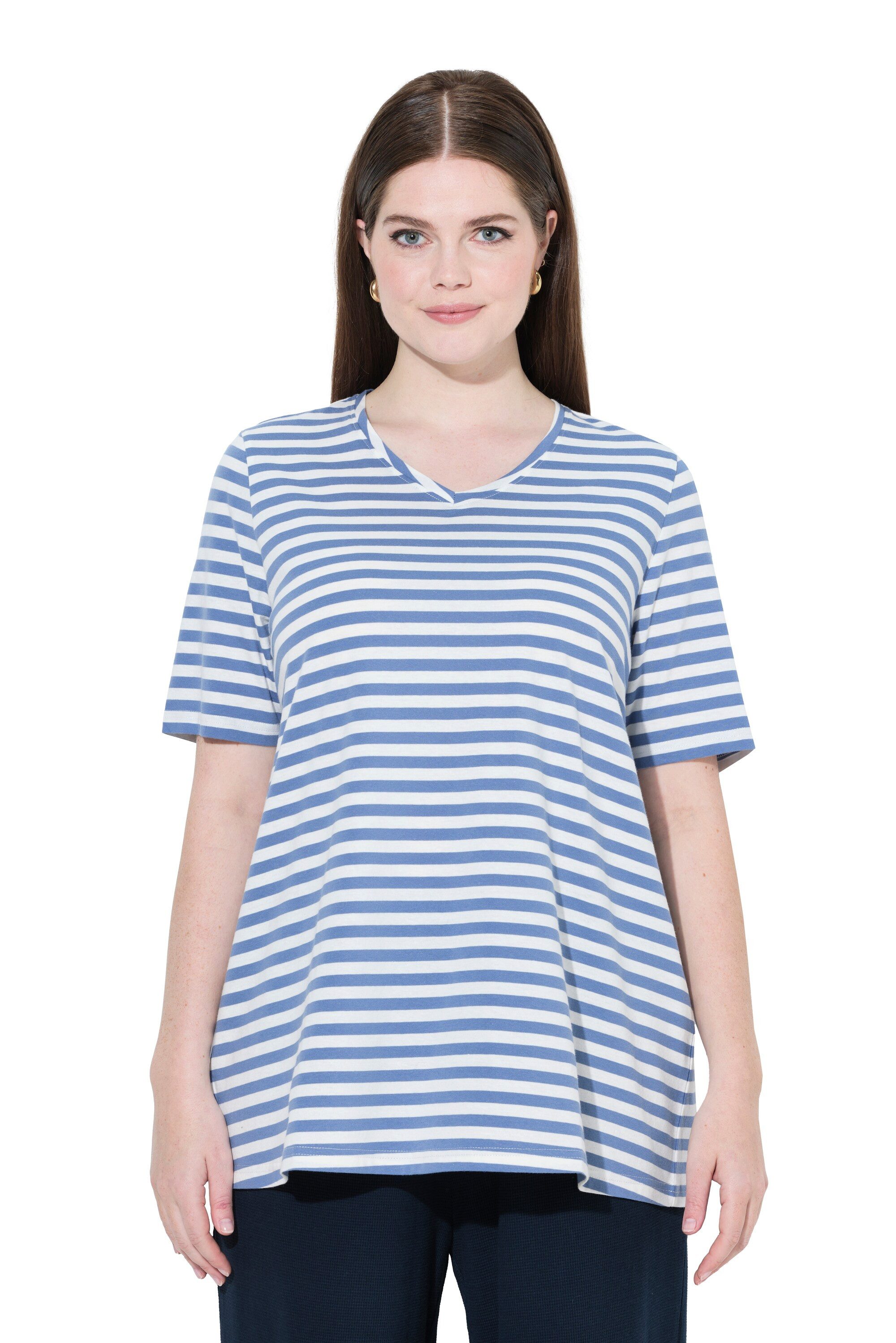 Ulla Popken T-Shirt T-Shirts 2er-Pack Ringel/uni V-Ausschnitt Halbarm günstig online kaufen