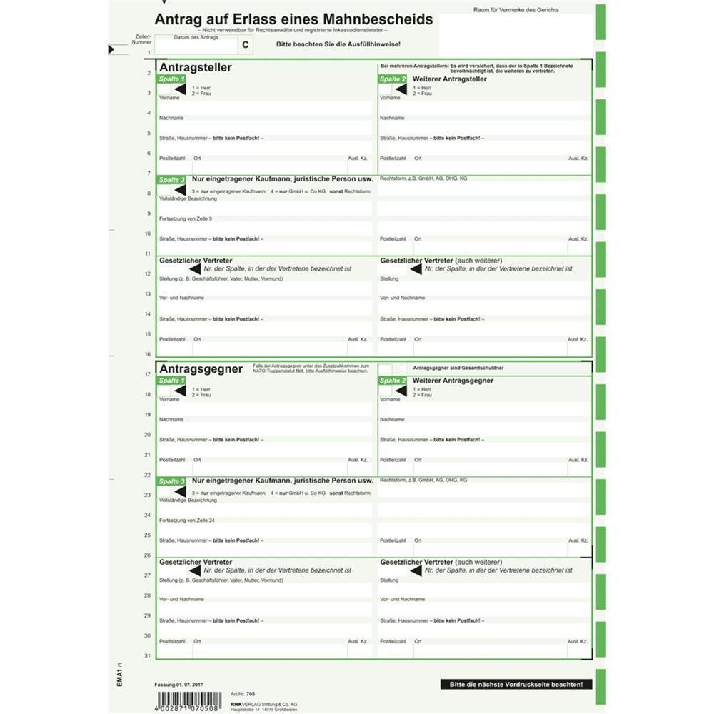 RNK Verlag Notizbuch Antrag auf Erlass eines Mahnbescheids selbstdurchschreibend 10 Stück