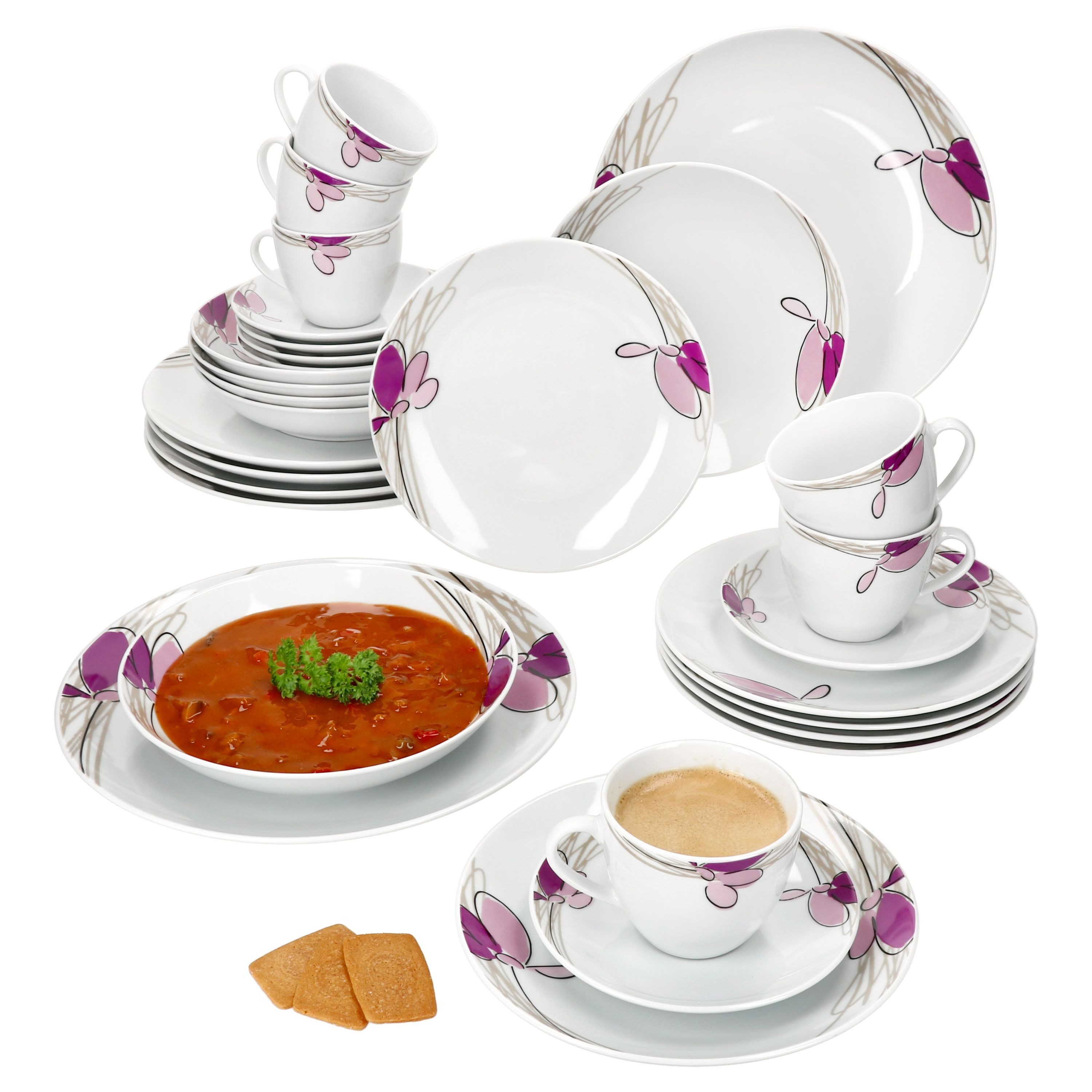 MamboCat Kombiservice 30tlg Kombiservice Viola Porzellan 6 Pers. Tassen Untertassen Teller, Porzellan