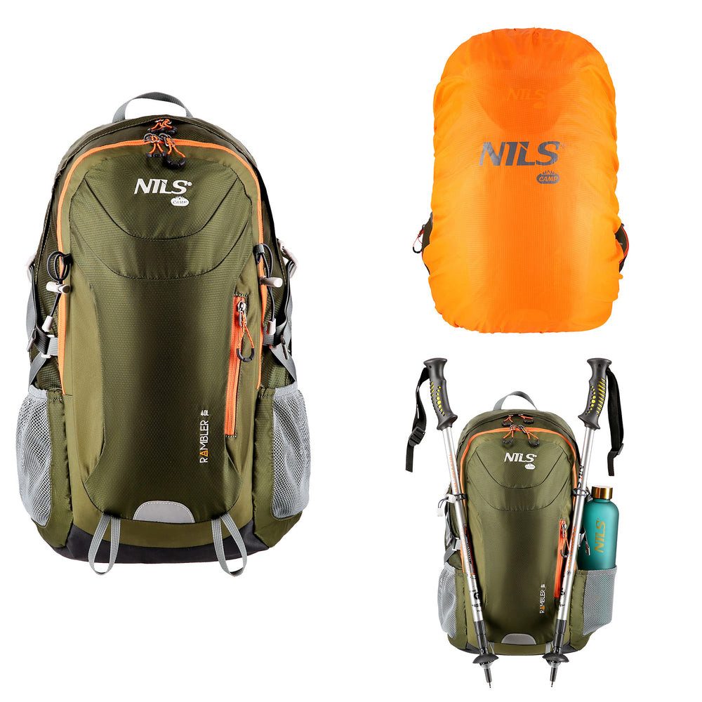 NILS CAMP Trekkingrucksack Wanderrucksack Tourenrucksack Gebirgsrucksack (Spar-Set, 1-tlg., 54 x 32 x 18 cm), 40 l, Stahlgestell, Regenhülle, 6 RV-Taschen