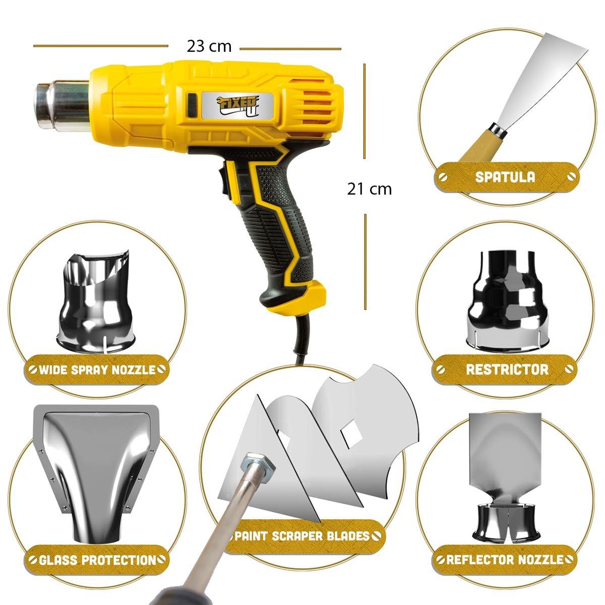 FixedByU Heißluftgebläse Heißluftpistole im Koffer, 2-Stufen 350/600° C, 2000 W, inkl. Düsen