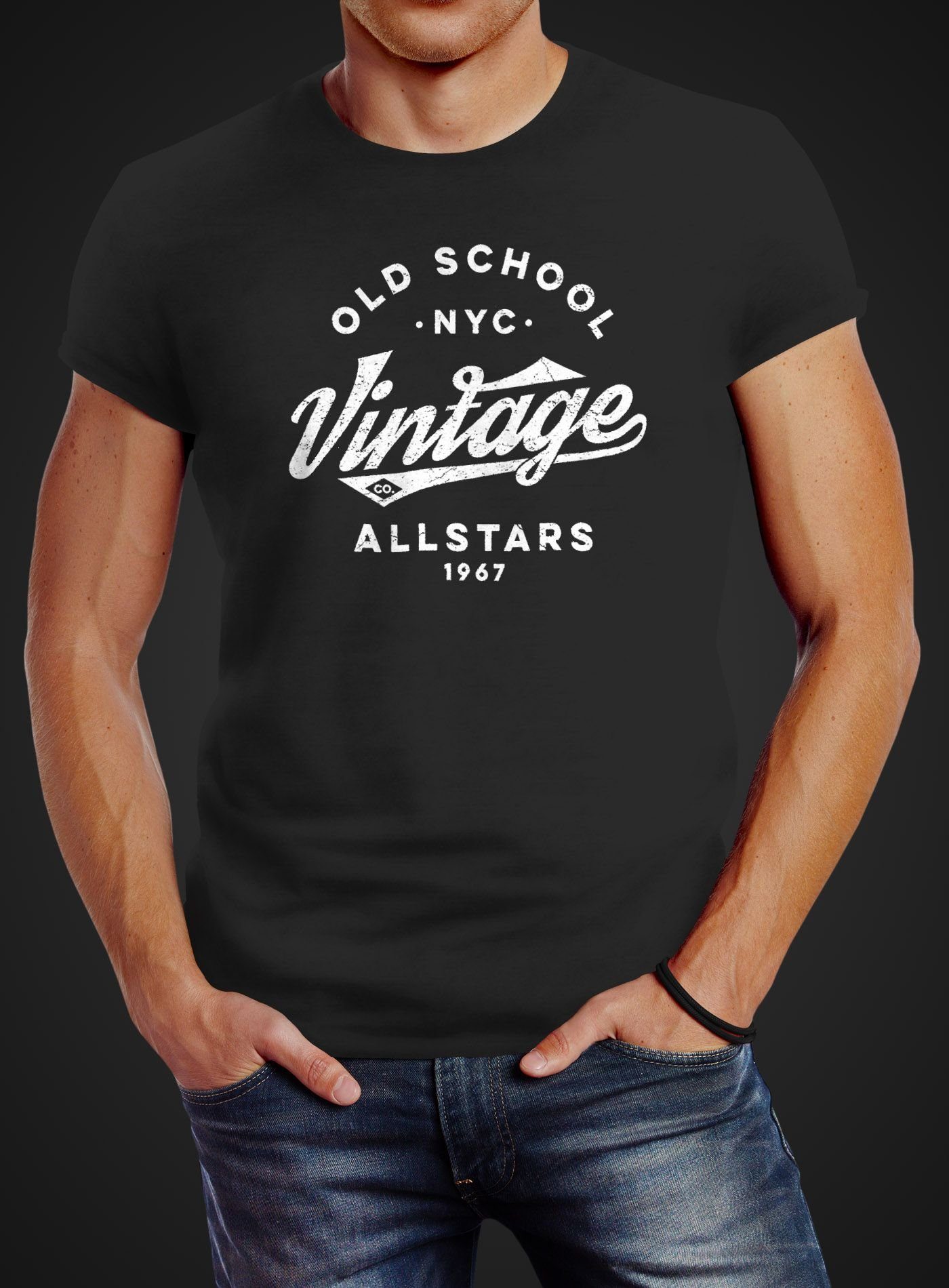 Neverless Print-Shirt Streetstyle Style Vintage Oldschool Allstars Neverless® Schriftzug mit T-Shirt schwarz Fashion College Herren Print