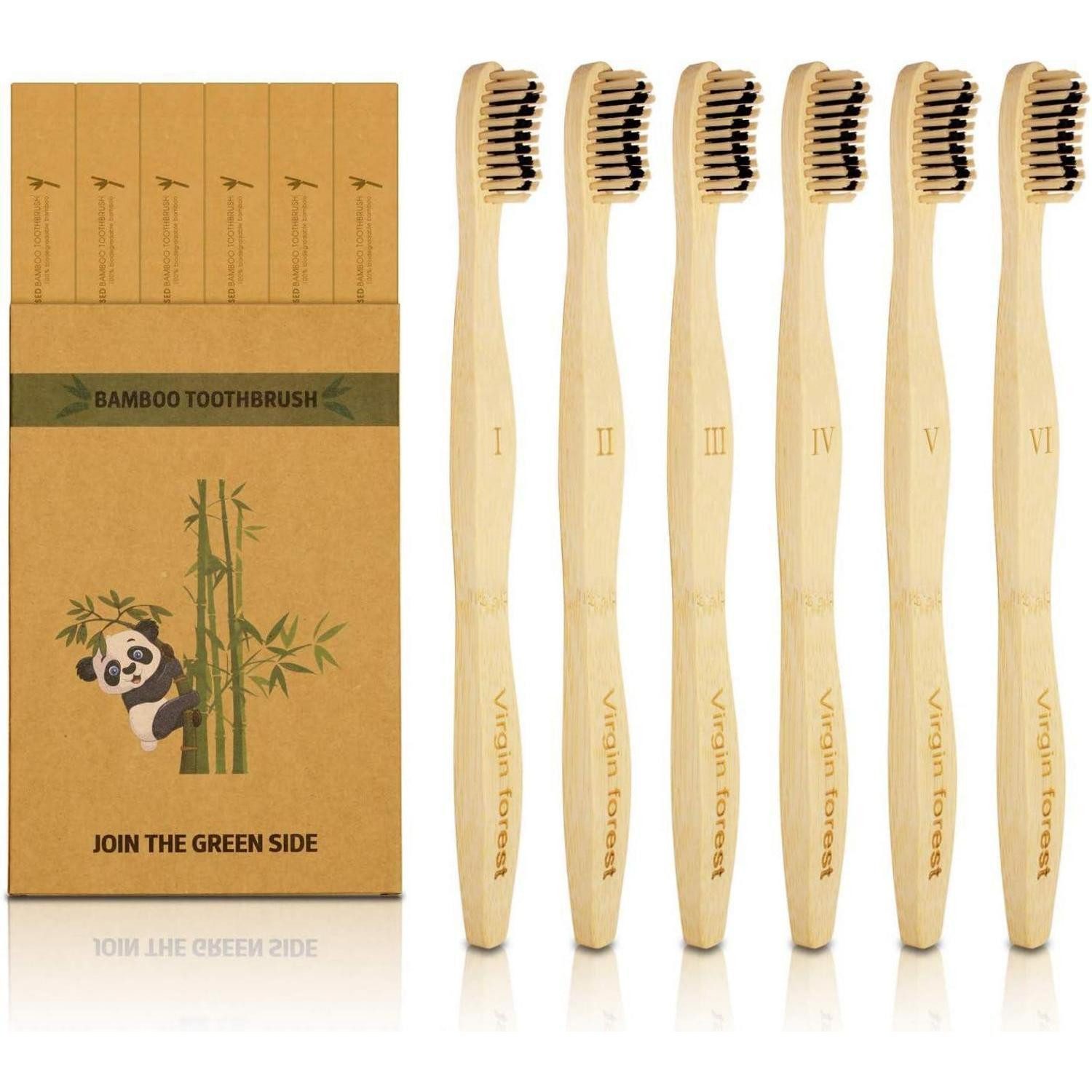 LuxusKollektion Zahnbürste Bambuszahnbürste 6er Set 6 Stück (zweifarbige weiche Borsten)