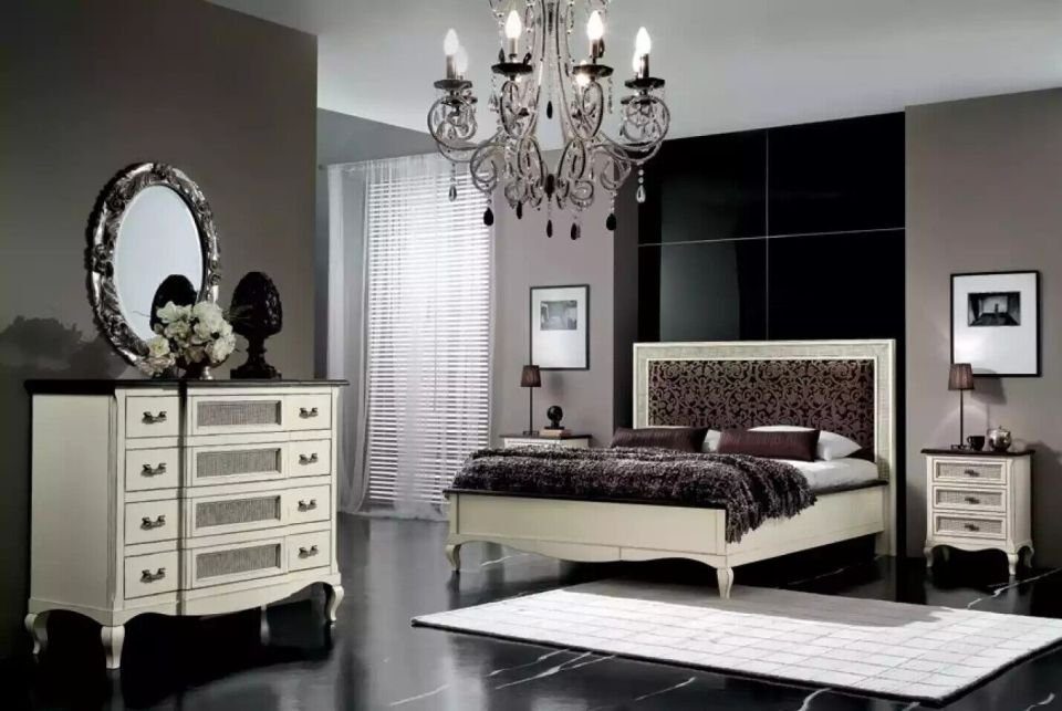 JVmoebel Schlafzimmer-Set Weiß Bett 2x Nachttische 5tlg. Italienische Möbel Kommode Holz, (5-St., Bett + 2x Nachttische + Kommode + Spiegel), Made in Italy