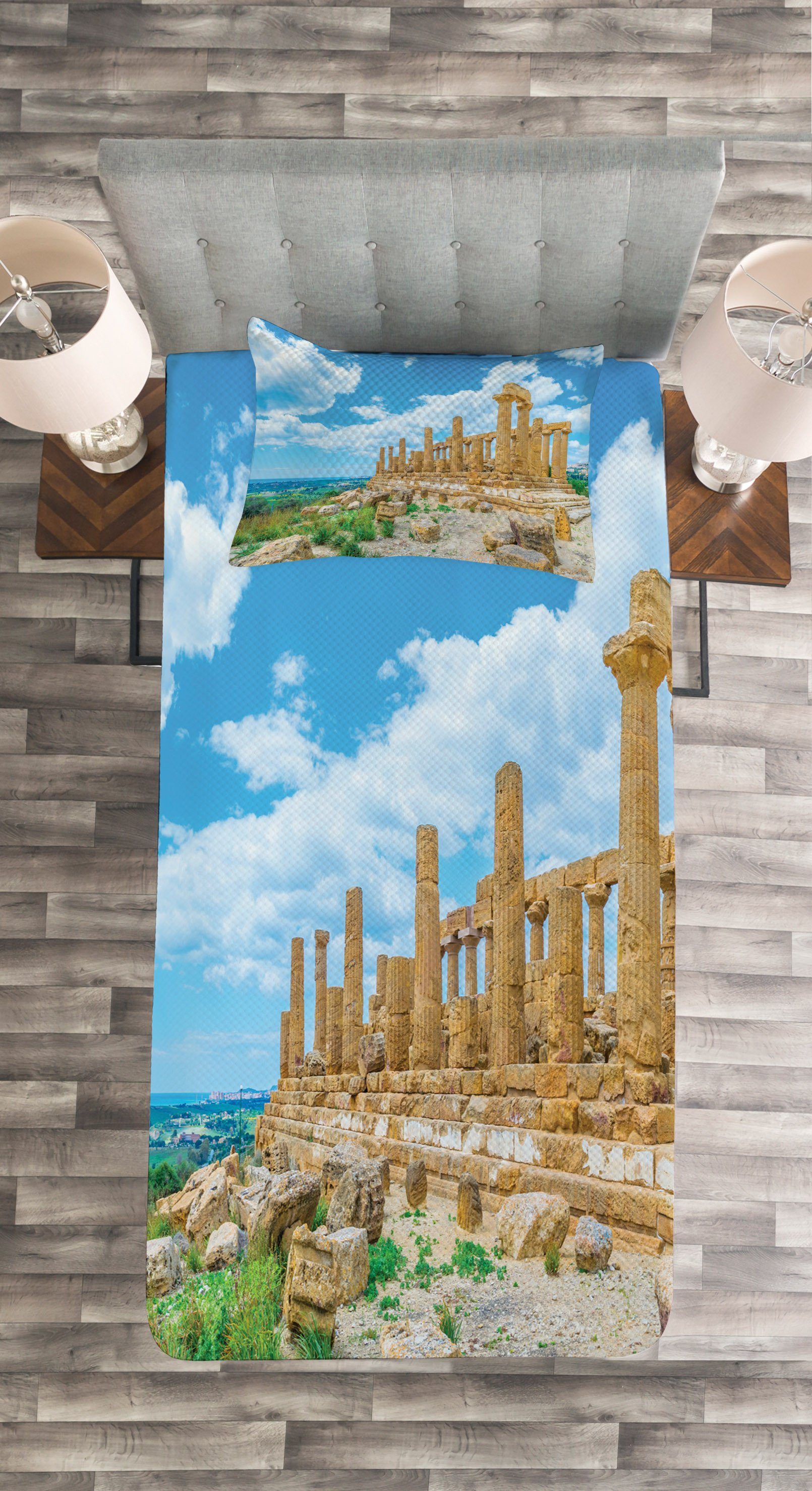 Juno Tagesdecke Greek Gebäude Sizilien Abakuhaus, Set Kissenbezügen Waschbar, mit