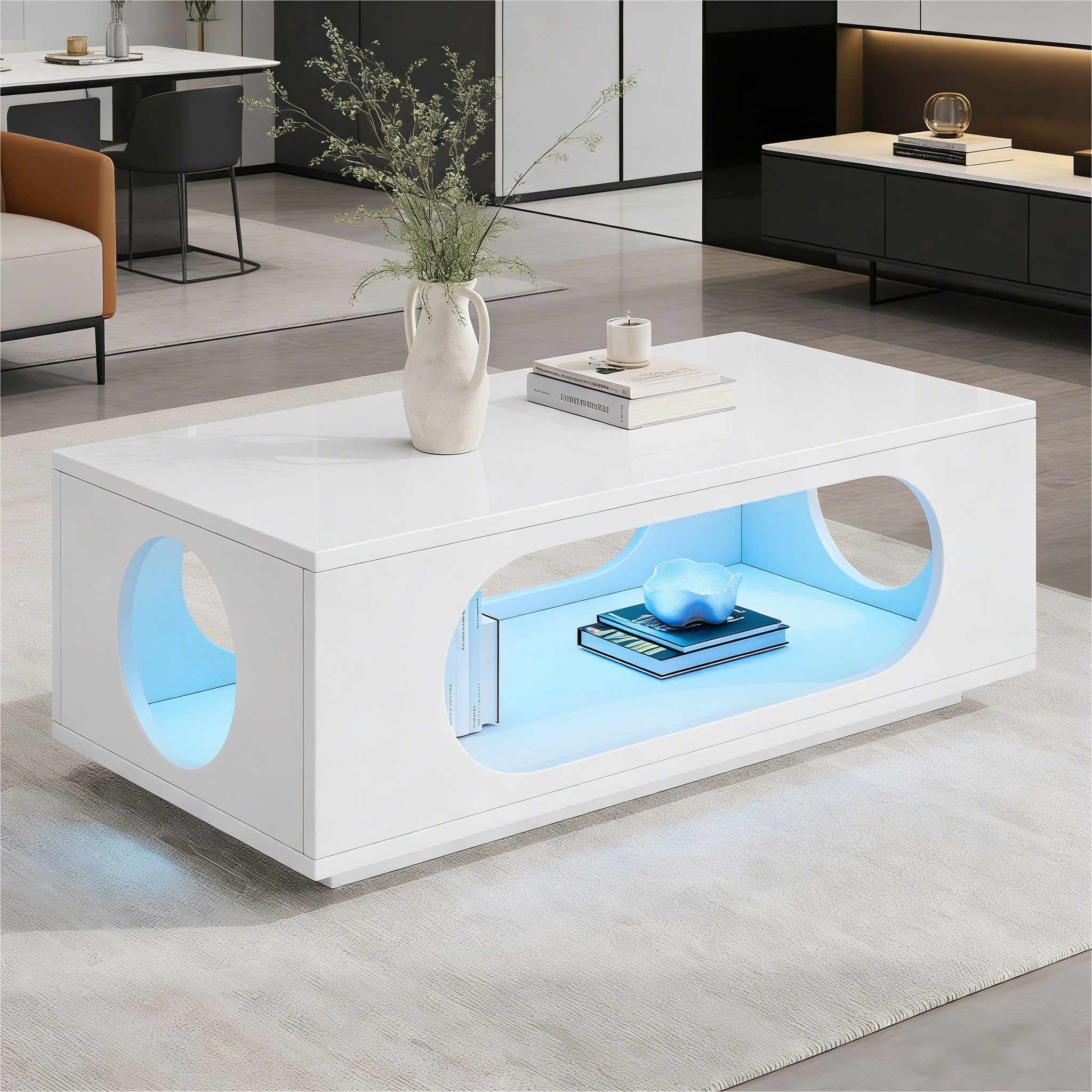 Merax Couchtisch hochglanz Sofatisch Beistelltisch mit LED-Beleuchtung & APP Steuerung (1-St), Wohnzimmertisch mit Stauraum und Kabelmanagement, 100x50x35cm