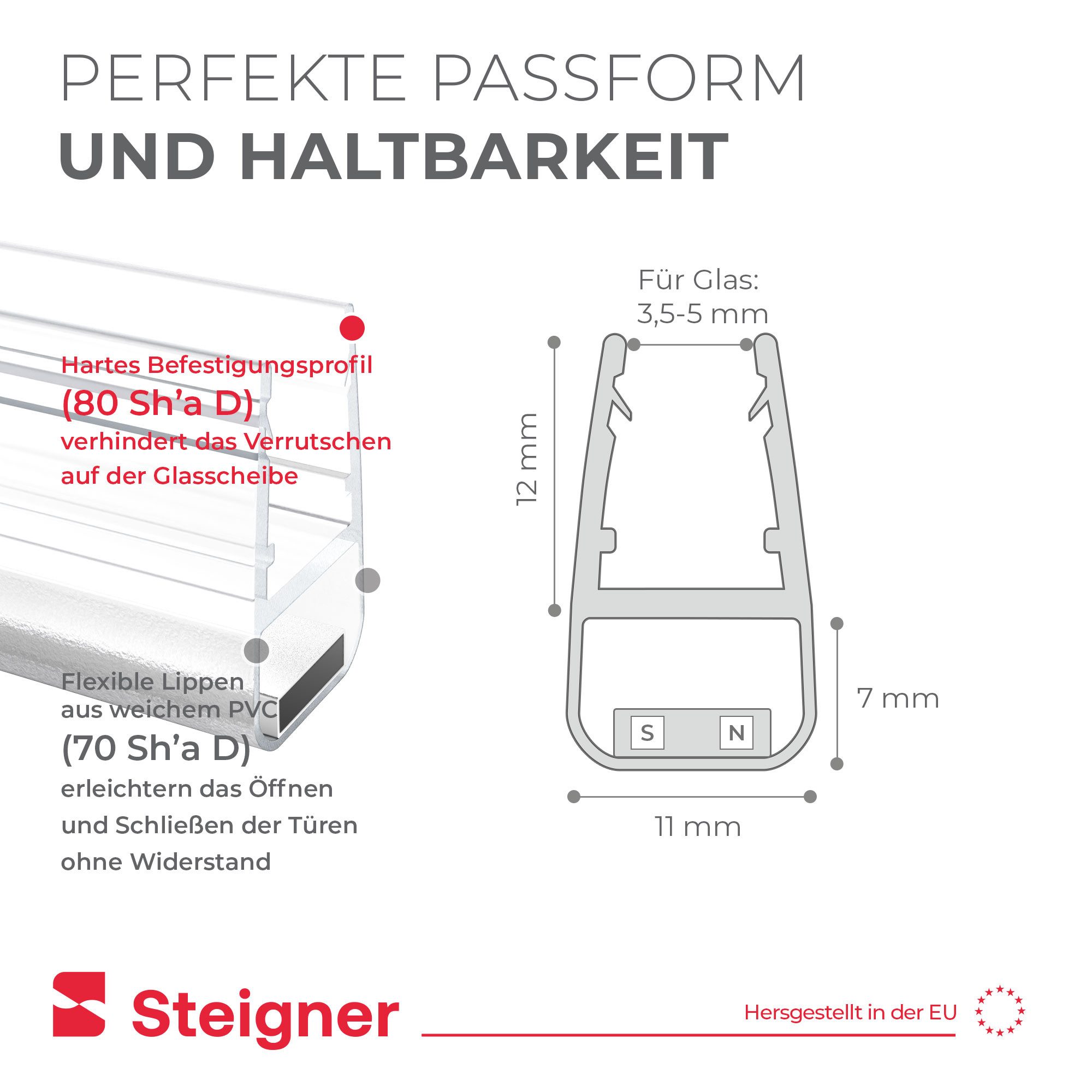 STEIGNER Duschdichtung Magnetduschdichtungen UKM01 201 cm 2 Stk Set 180° Transparent 3,5-5 mm, L: 201 cm, (2 Stück Packung, 2-St., Einzeldichtung), Duschdichtun – Bild 4 von 5