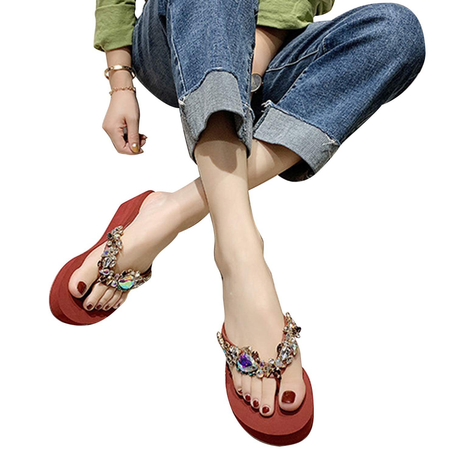 MAGICSHE Plateau pantoletten mit Keilabsatz Pantolette Zehentrenner Damen Hausschuhe mit Strass Pailletten Dekoration auf der Außenseite rot