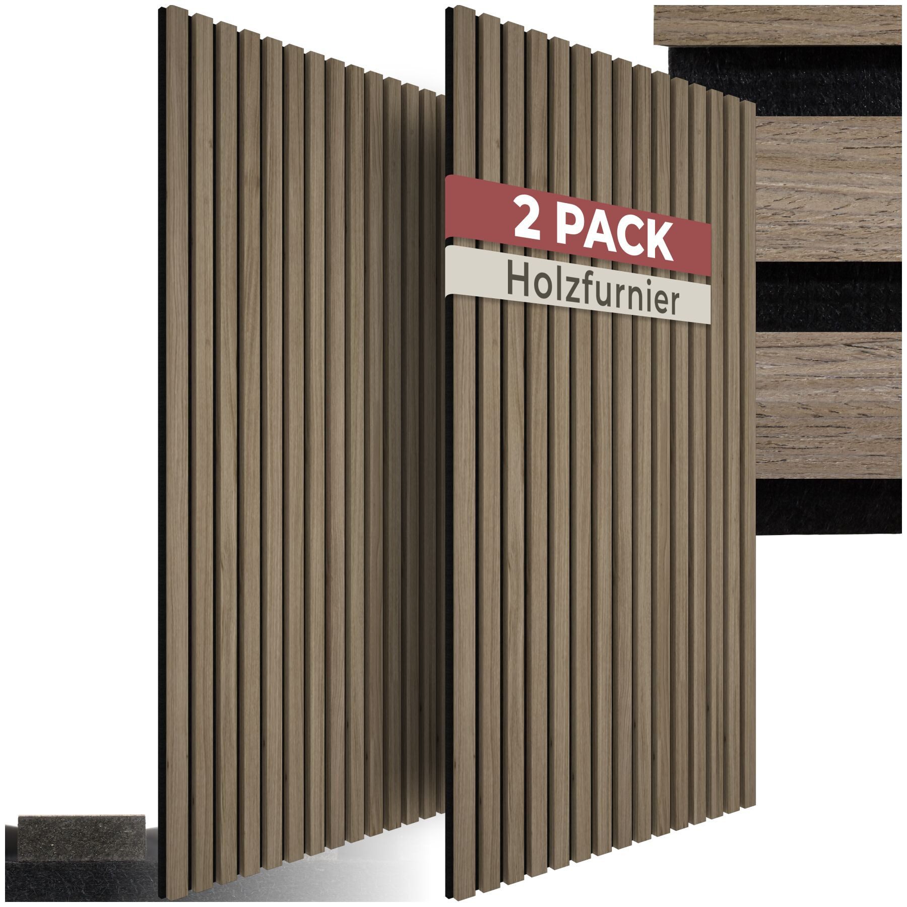 tectake Wandpaneel Akustikpaneele aus MDF und Echtholzfurnier - Eiche dunkel, BxL: 50x110 cm, (Holzpaneele Sonic Wall II, 2-tlg., Größe flexibel anpassbar) schallabsorbierender Filz, einfache Montage mit Kleber oder Schrauben