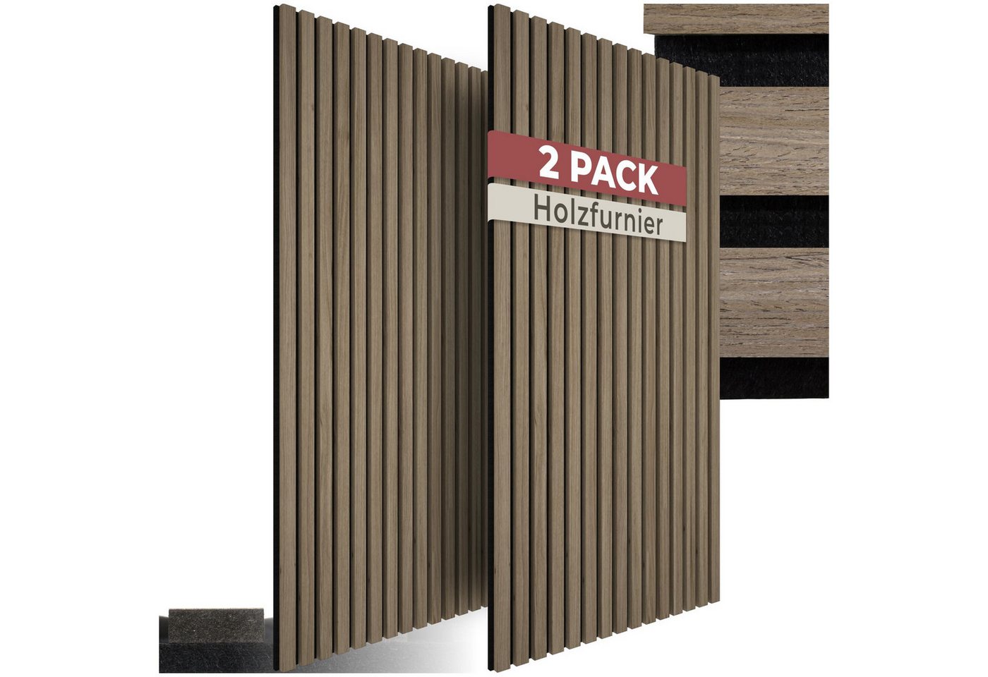 tectake Wandpaneel Akustikpaneele aus MDF und Echtholzfurnier - Eiche dunkel, BxL: 50x110 cm, 0.55000000000000004 qm, (Holzpaneele Sonic Wall II, 2-tlg., Größe flexibel anpassbar) schallabsorbierender Filz, einfache Montage mit Kleber oder Schrauben