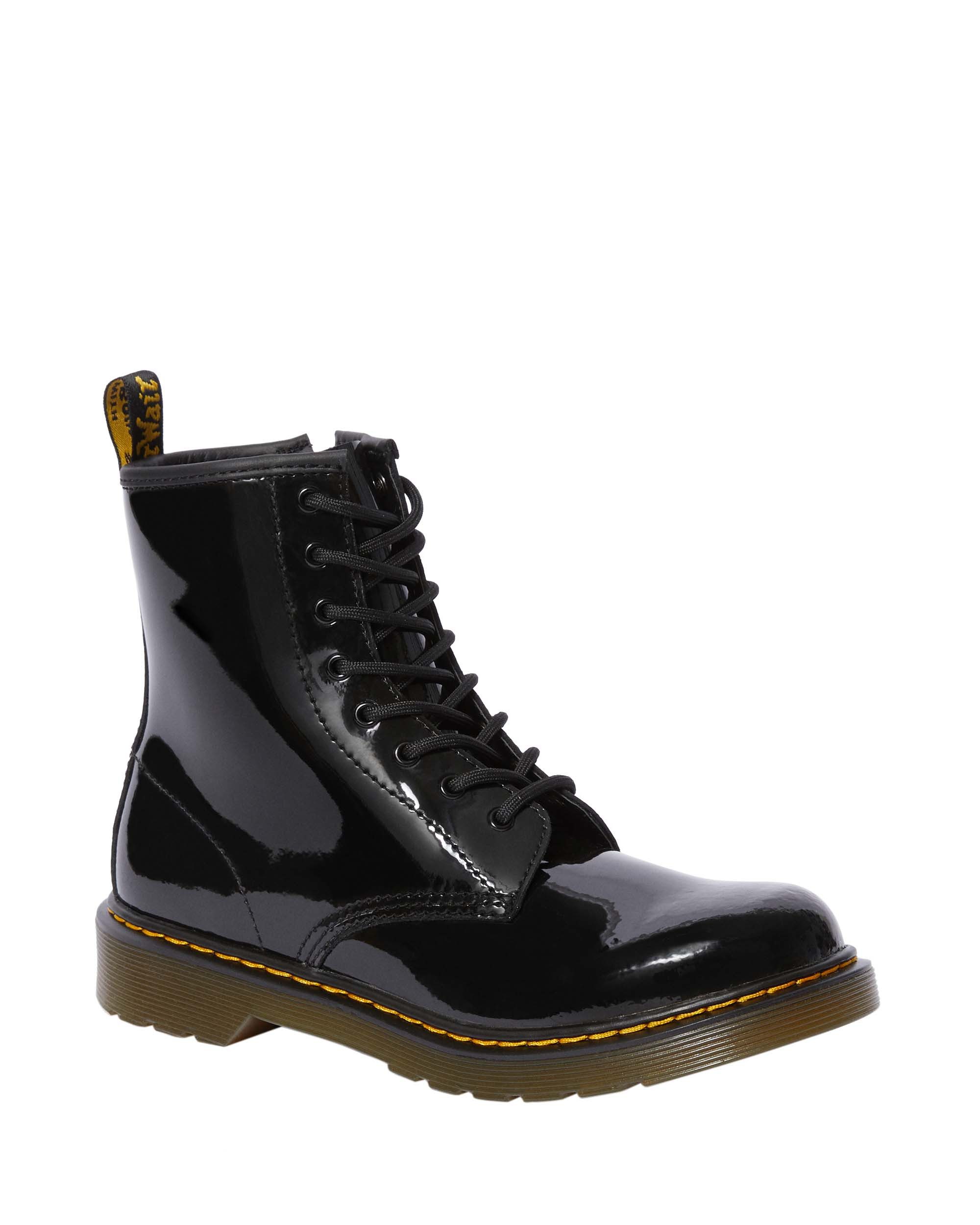 DR. MARTENS 1460 Y Black Patent Lamper Schnürboots Kinder Stiefel, Boots mit logobedruckter Anziehlasche