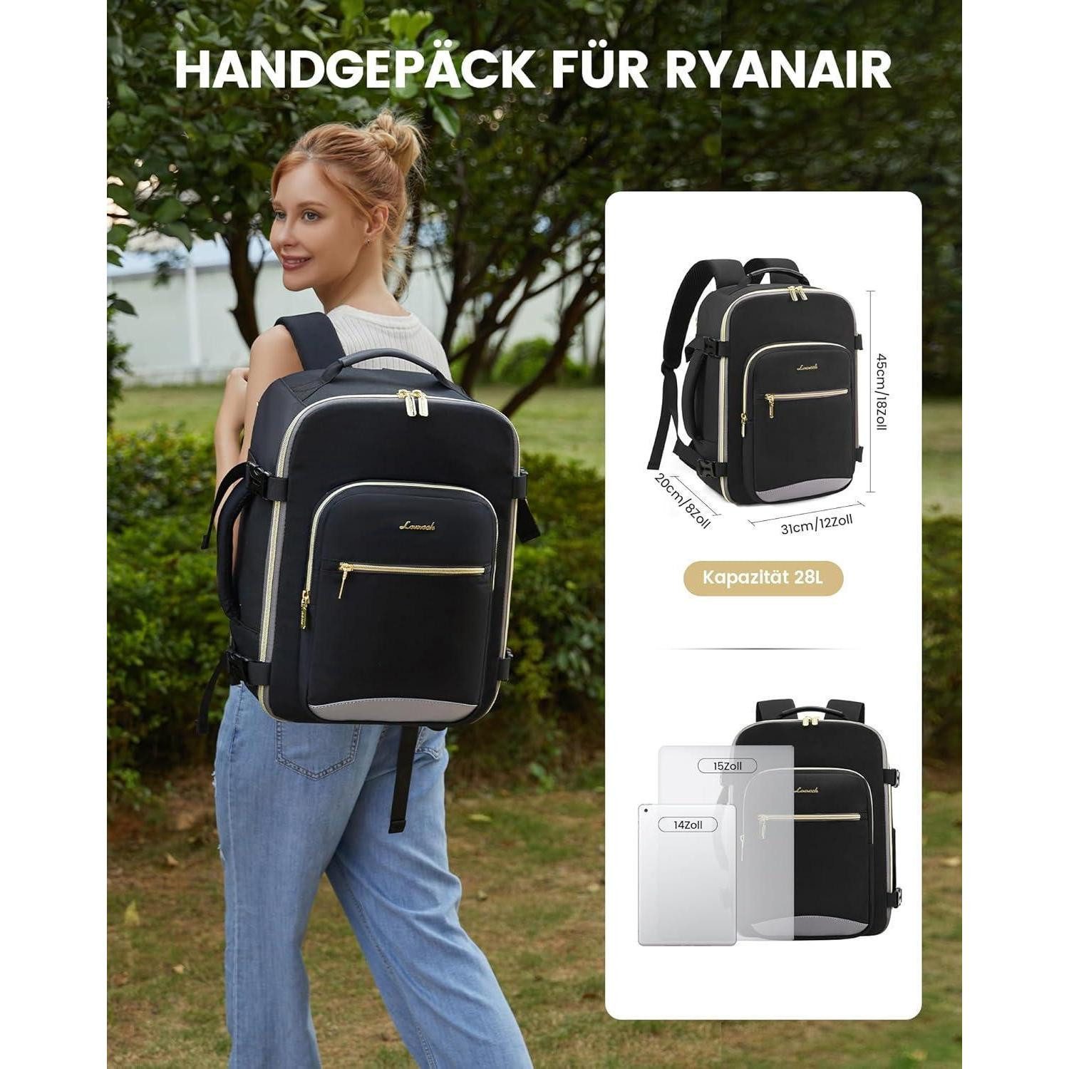 LuxusKollektion Reiserucksack Handgepäck Rucksack 45x36x20 Ryanair Eurowings Schwarz+grau 45x36x20cm