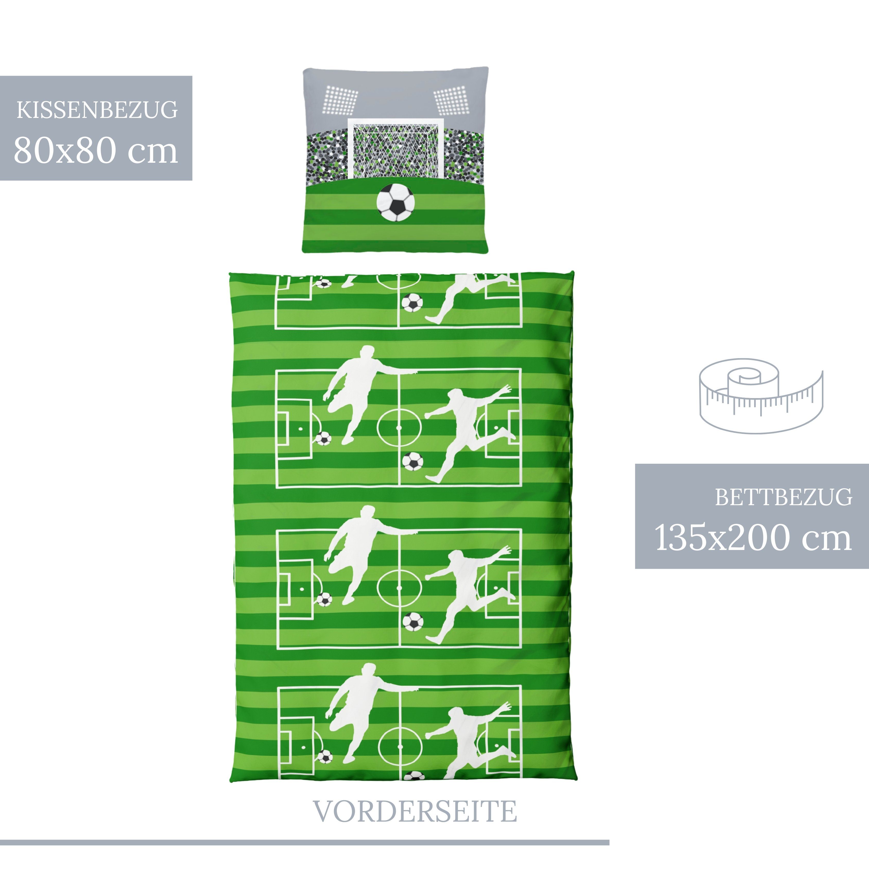MTOnlinehandel Bettwäsche Fußball, 100 % Baumwolle, Biber, 2 teilig, Stadion, Tor & Spielfeld Bettwäsche in zwei Größen