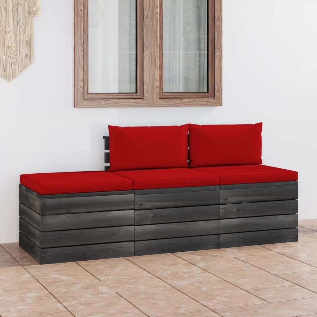 vidaXL Gartenlounge-Set Kiefernholz, 3-tlg. mit Garten-Sofagarnitur (3-tlg) Rot Paletten Kissen aus