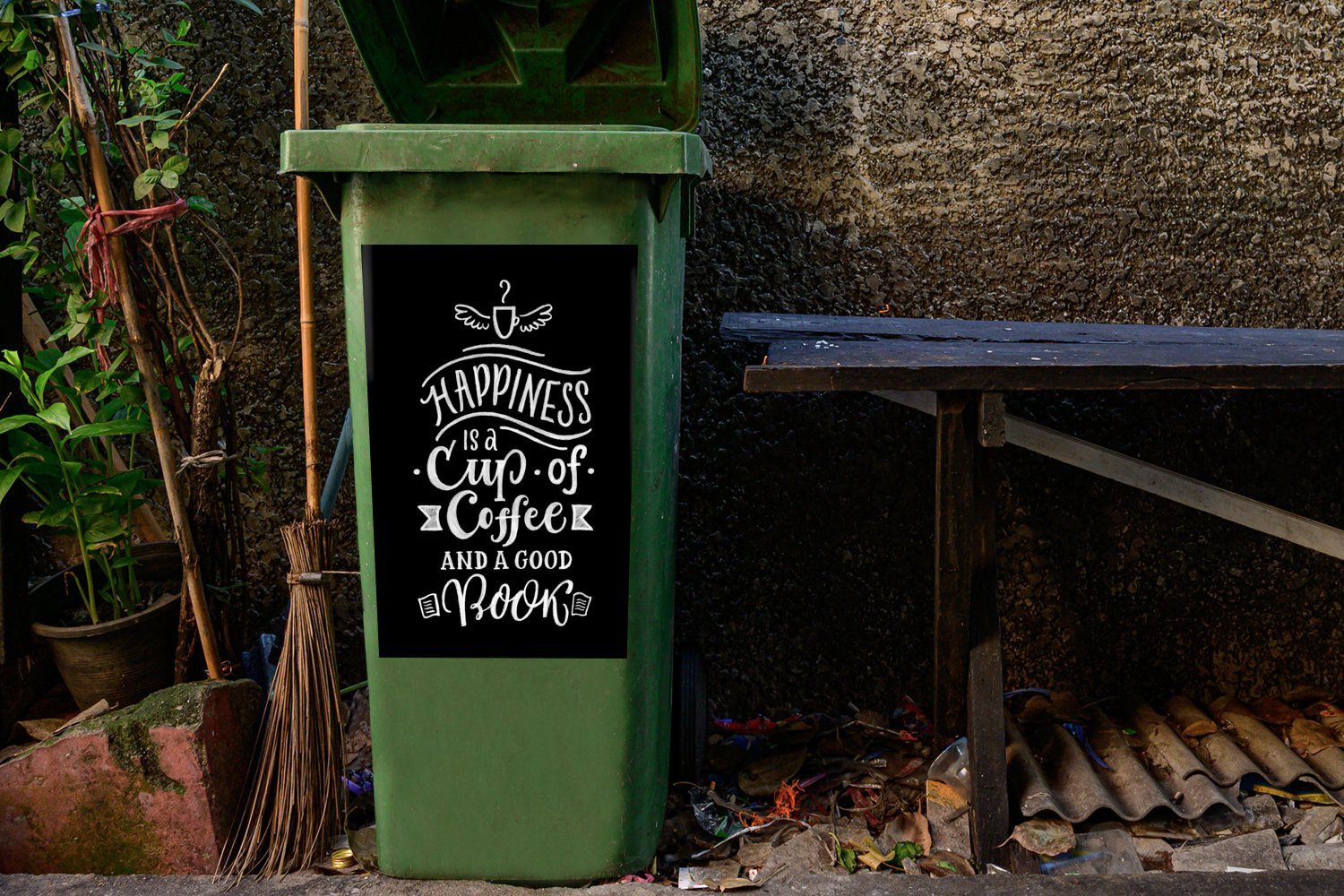 Mülleimer-aufkleber, Das Container, eine und Tasse Mülltonne, Buch Wandsticker Sticker, Abfalbehälter Kaffee ein Glück - (1 St), - - Zitate Kaffee ist gutes MuchoWow