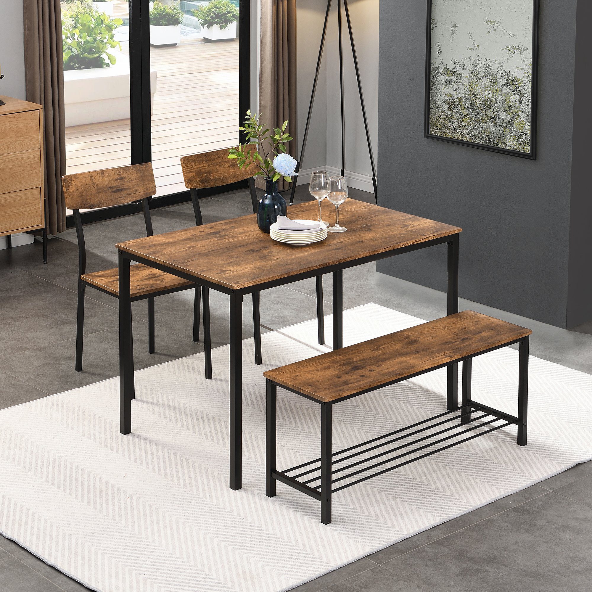 SOFTWEARY Esstisch (Essgruppe mit Tisch, 2 Stühlen und 1 Sitzbank, 4-St),  Küchentisch, Esstisch-Set für 4 Personen