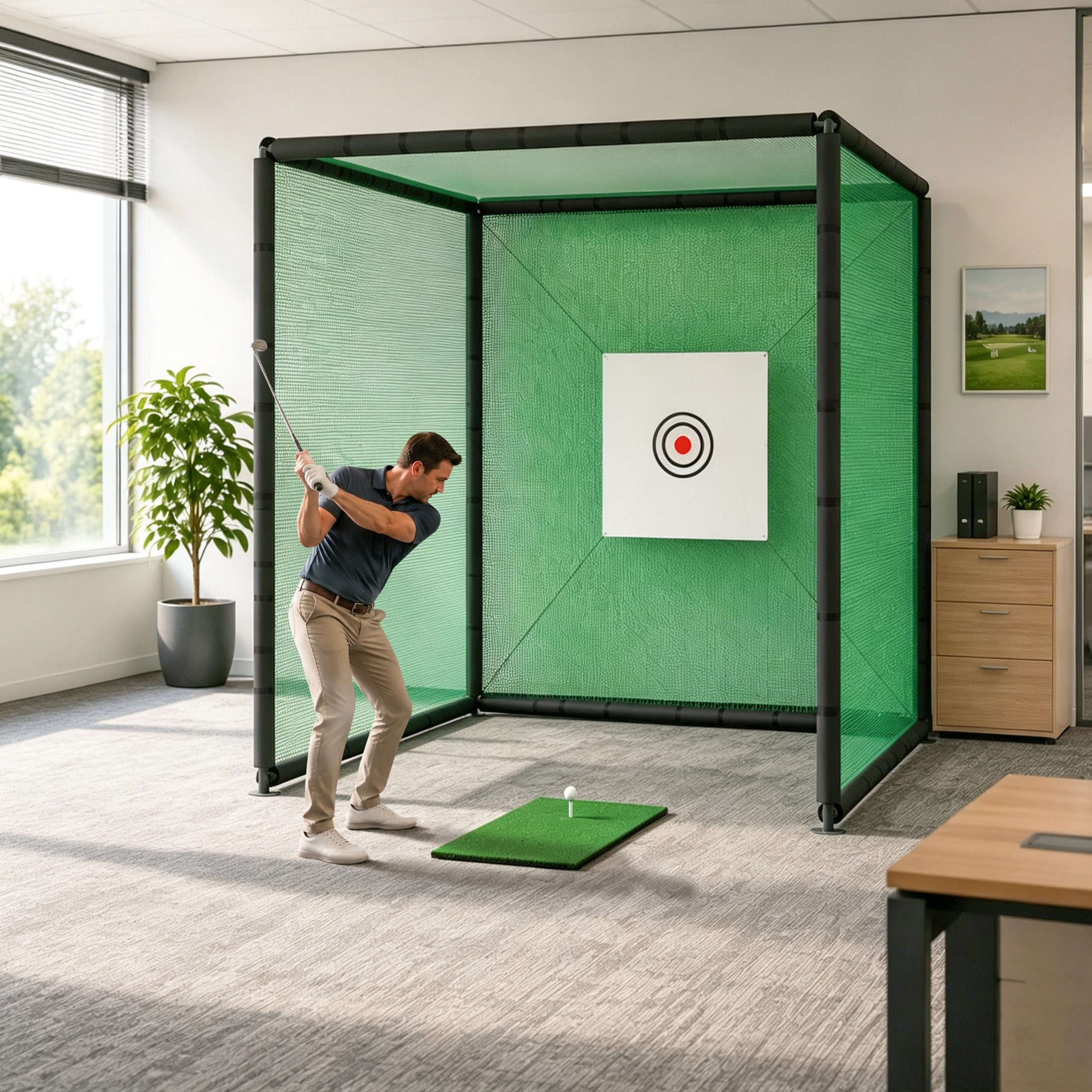 Blossom Golfnetz Golf-Abschlagmatte, Halter Golf Übungsnetz, Übungskäfig 300x300x300 cm (mit Zielscheibe, Trainingsmatte & Gummitee, stabiles Stahlgestell), Golf Übungsnetz Golf Schlagnetz für Garten, Garage und Indoor Training