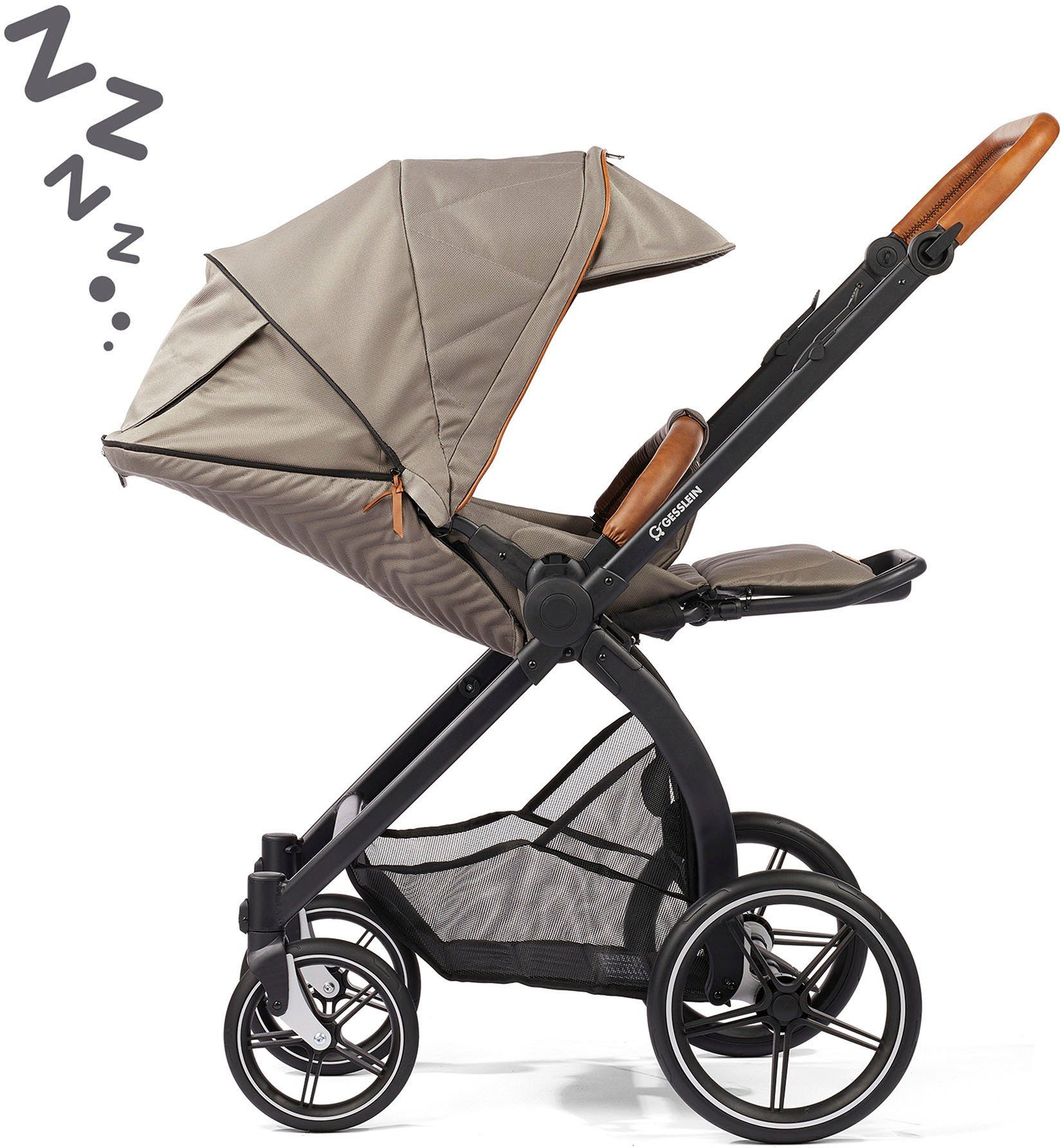 Babywanne mit FX4 Babyschalenadapter Kombi-Kinderwagen und Gesslein moos/tabak, mit C3 Soft+ Style, Aufsatz