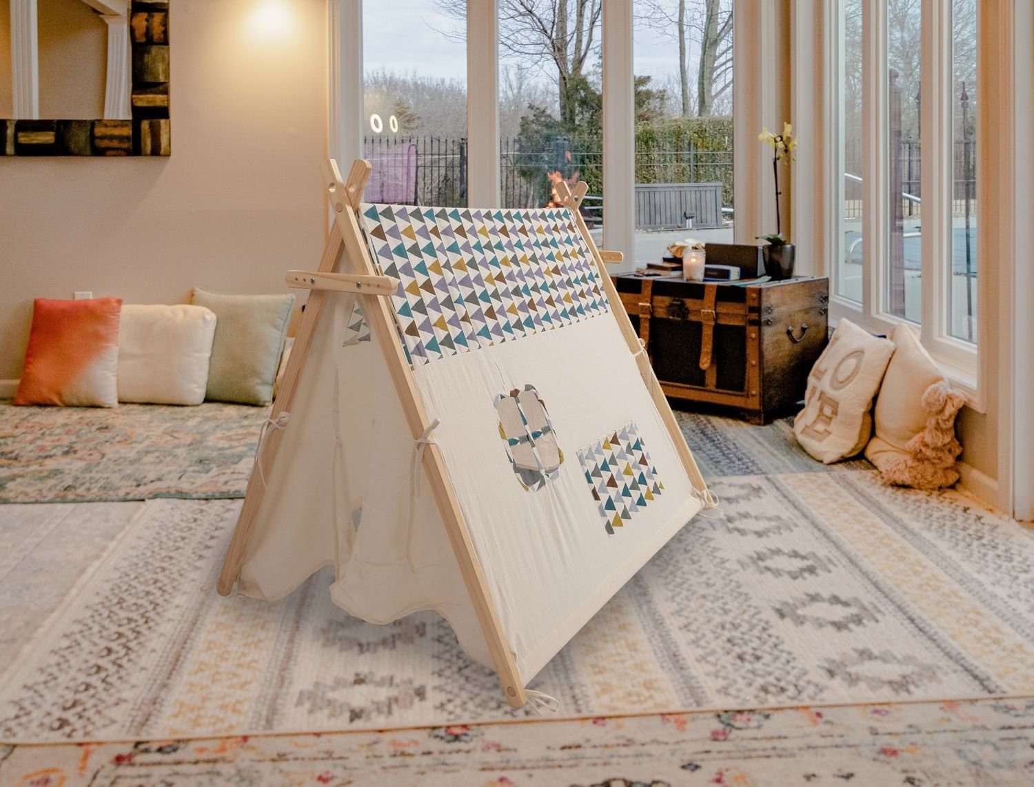BURI Kuppelzelt Spielzelt mit Fenster Kinderzelt aus Holz Spielhaus für und Baumwolle