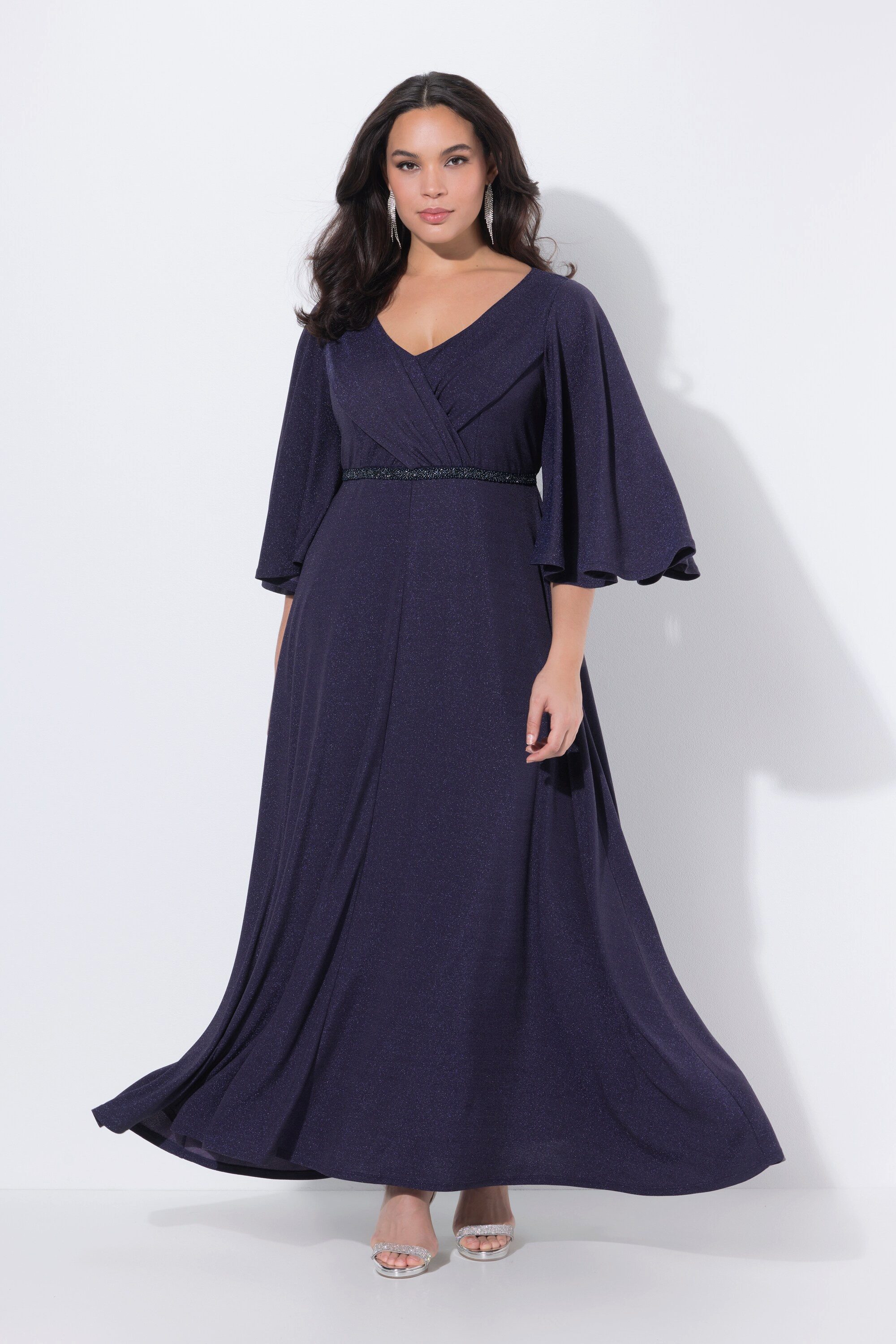 Ulla Popken Maxikleid Maxi-Abendkleid drapiert V-Ausschnitt