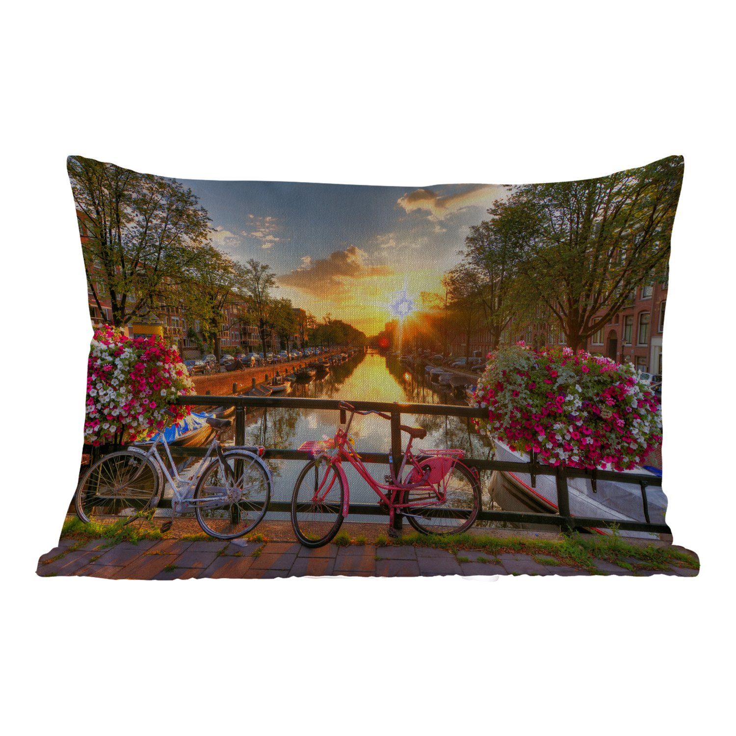 MuchoWow Dekokissen Amsterdam - Brücke Blumen - - Kissenhülle Dekokissenbezug, Sonnenuntergang, Outdoor-Dekorationskissen, - Fahrrad Polyester