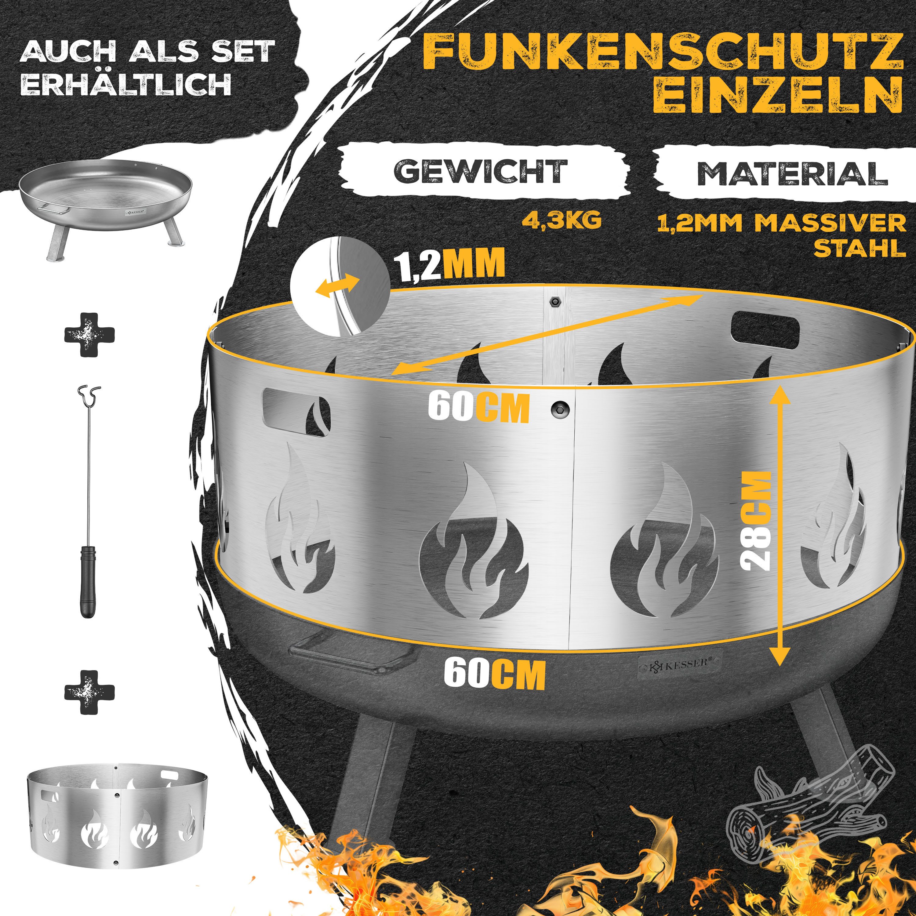 KESSER Feuerschale Funkenschutz für Feuerschale aus legiertem Stahl 1,2mm Stahldicke, (inklusive Schraubenset), Feuerschutz Ø60cm kompatibel mit vielen gängigen Feuerschalen