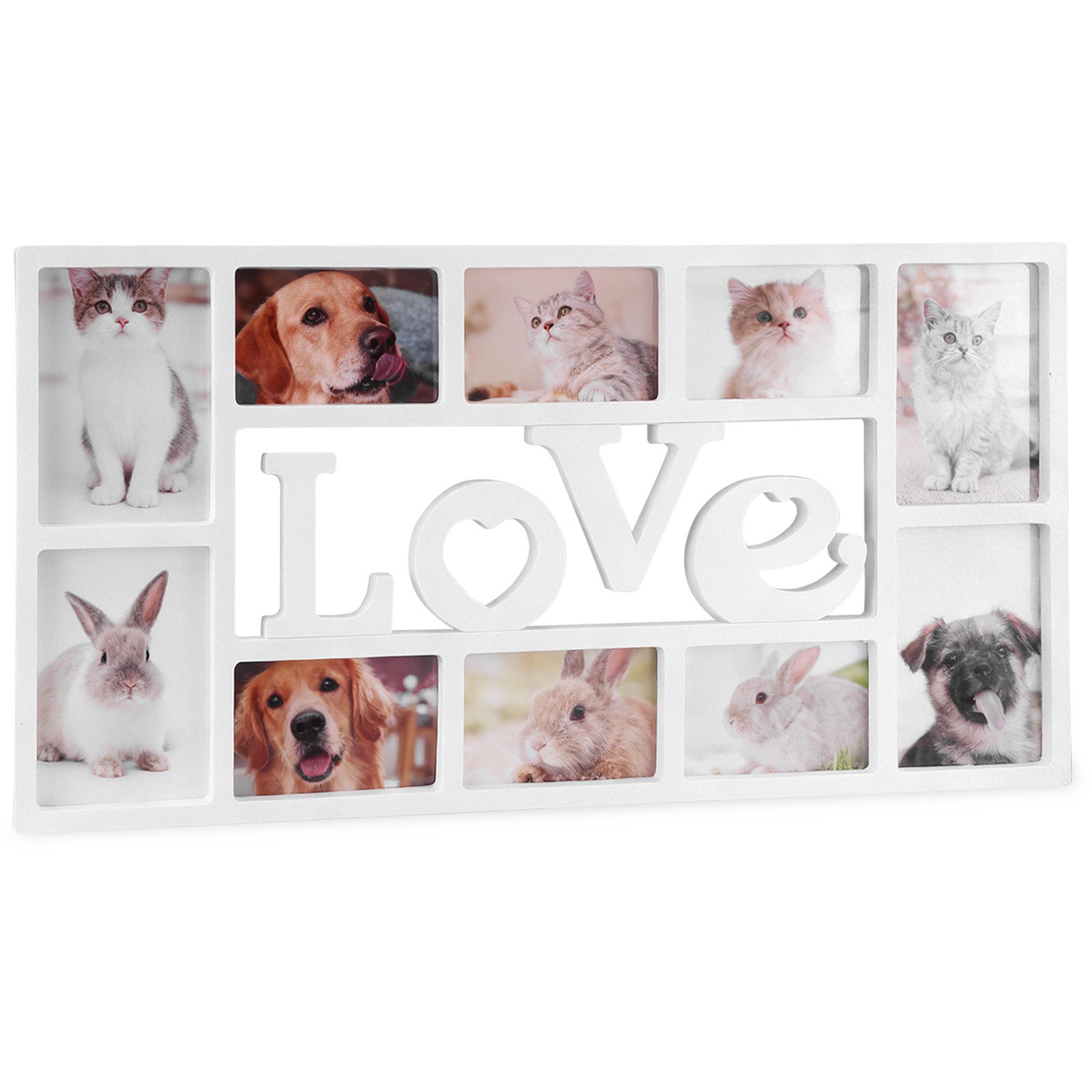 BlingBin Bilderrahmen Collage LOVE, Fotorahmen 10 Bilder, Wandgalerie für Fotocollagen, für 10 Bilder (1 Stück, 1 St), 37,5 x 73,5 x 2 cm, Bilderrahmen Sechs 4x6, Vier 5x7 für Familienfotos, Urkundenanzeige