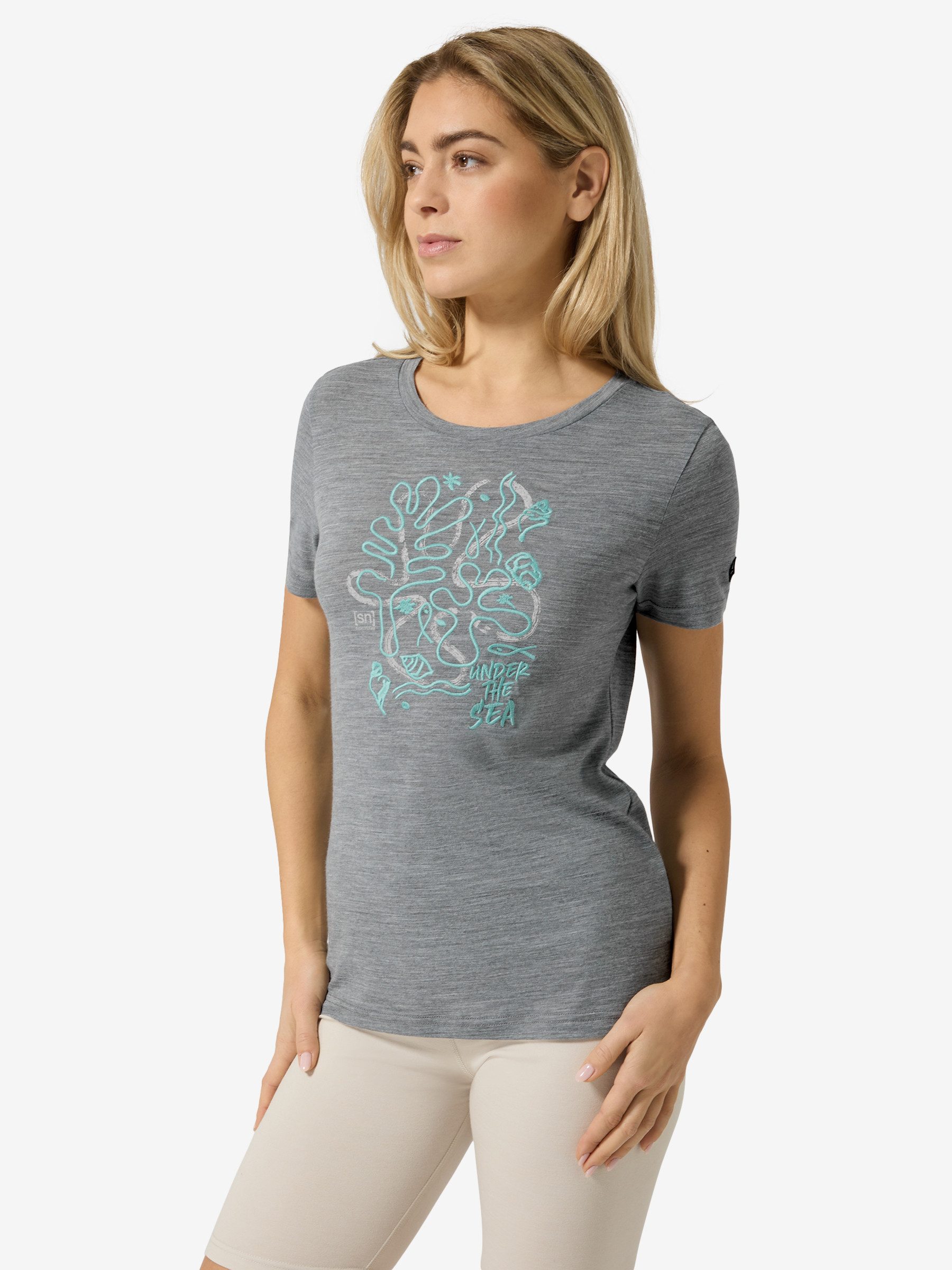 SUPER.NATURAL T-Shirt für Damen,Merino W UNDER THE SEA TEE mit Sommer-Motiv, atmungsaktiv