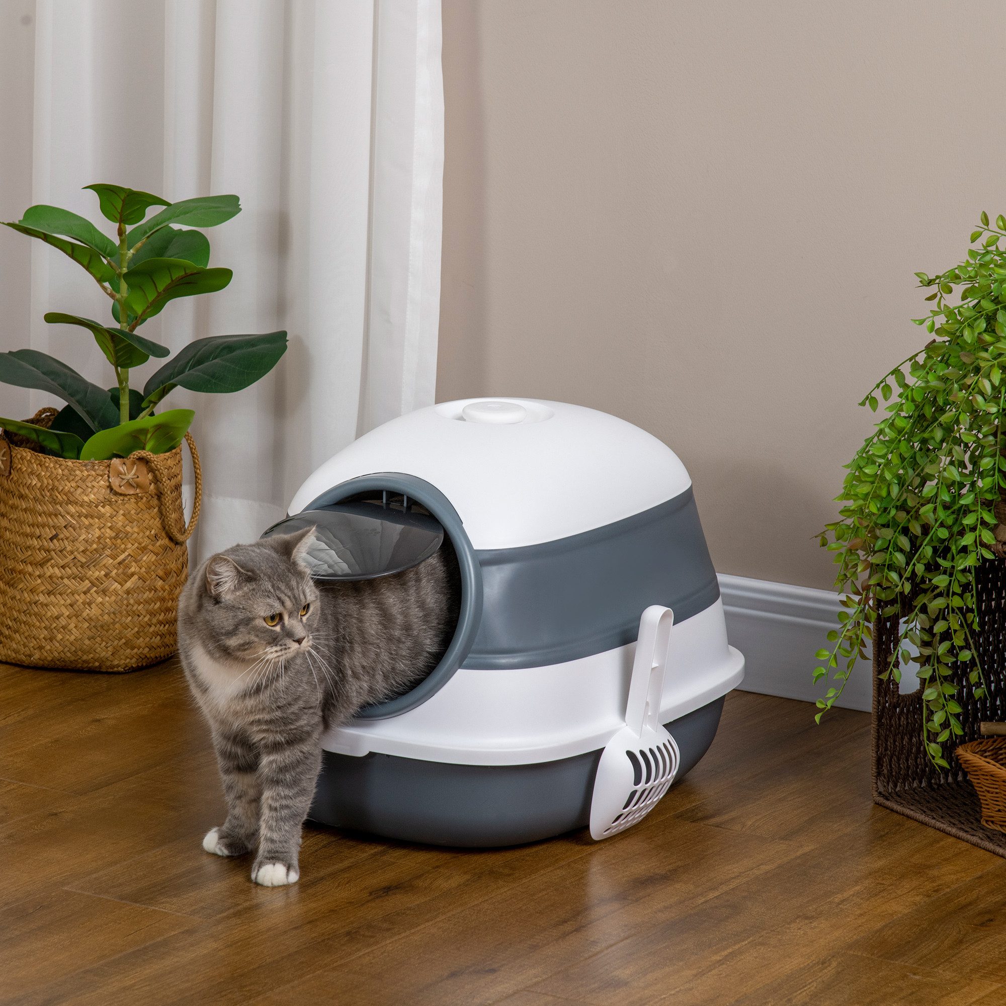 PawHut Katzentoilette Katzenklo mit Deckel Haube Schaufel zusammenklappbar, Weiß+Grau,52L x 41B x 38H cm