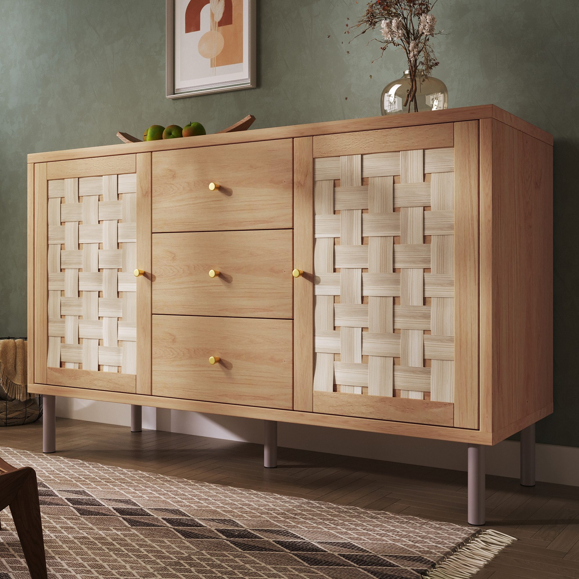 Flieks Kommode Sideboard mit 3 Schubladen und 2 gewebte Türen in Landhausstil (120x40x75 cm, 1 St., Schrank für Wohnzimmer, Flur, Esszimmer, Schlafzimmer), Mehrzweckschrank mit höhenverstellbare Einlegeböden Eicheholzfarbe