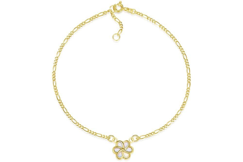 Silberkettenstore Fußkette Fußkette Figaro 2mm mit Blüte mittig - echt 585 Gold, Länge wählbar